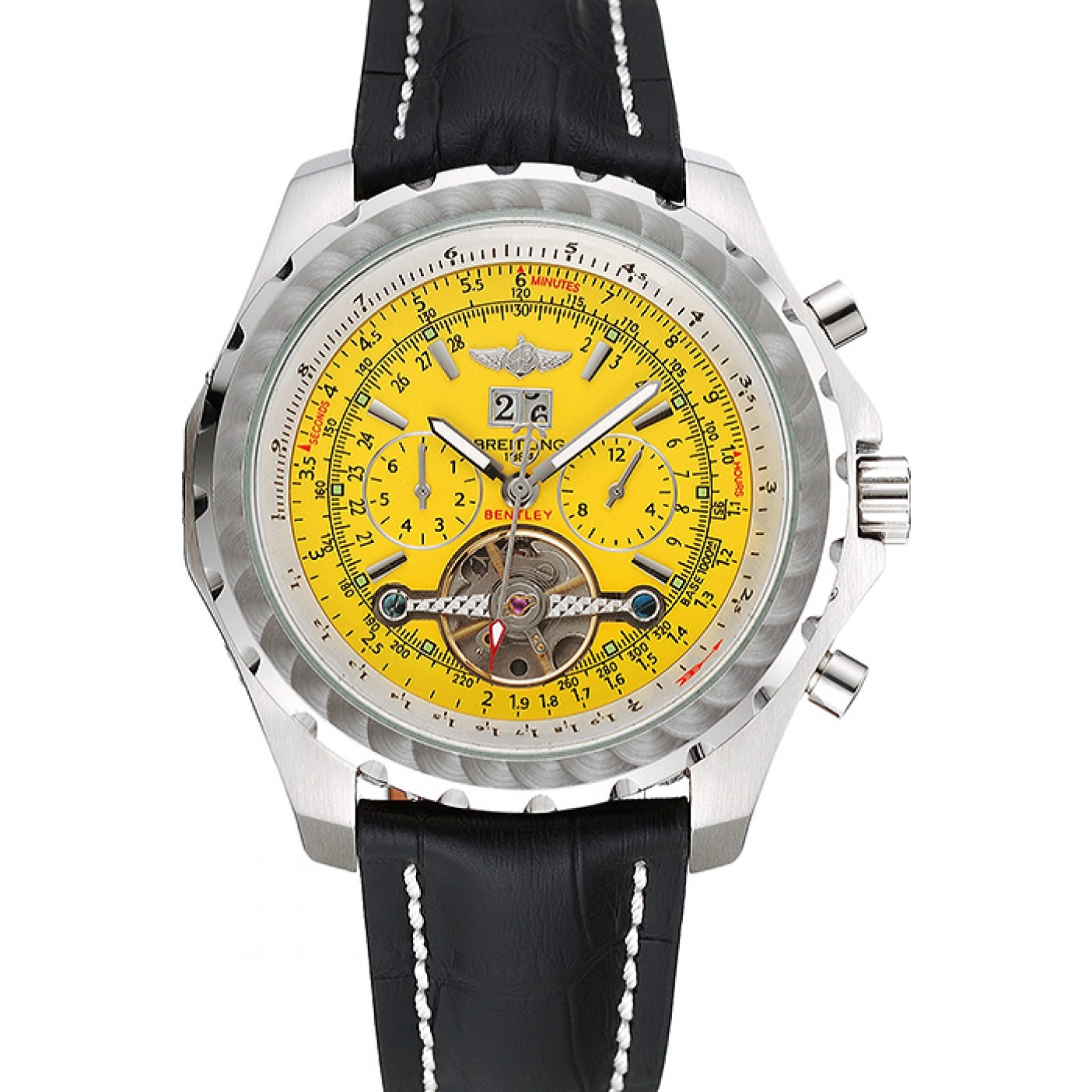 MiroTime Breitling Bentley Mulliner Tourbillon Yellow Dial Stainless Steel Case Black Leather Strap 622730