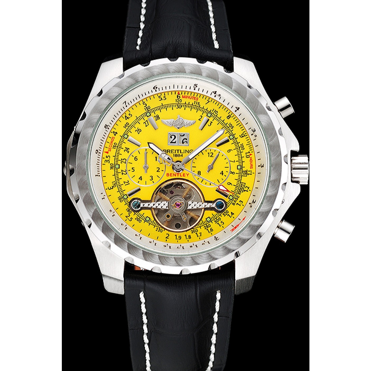 MiroTime Breitling Bentley Mulliner Tourbillon Yellow Dial Stainless Steel Case Black Leather Strap 622730