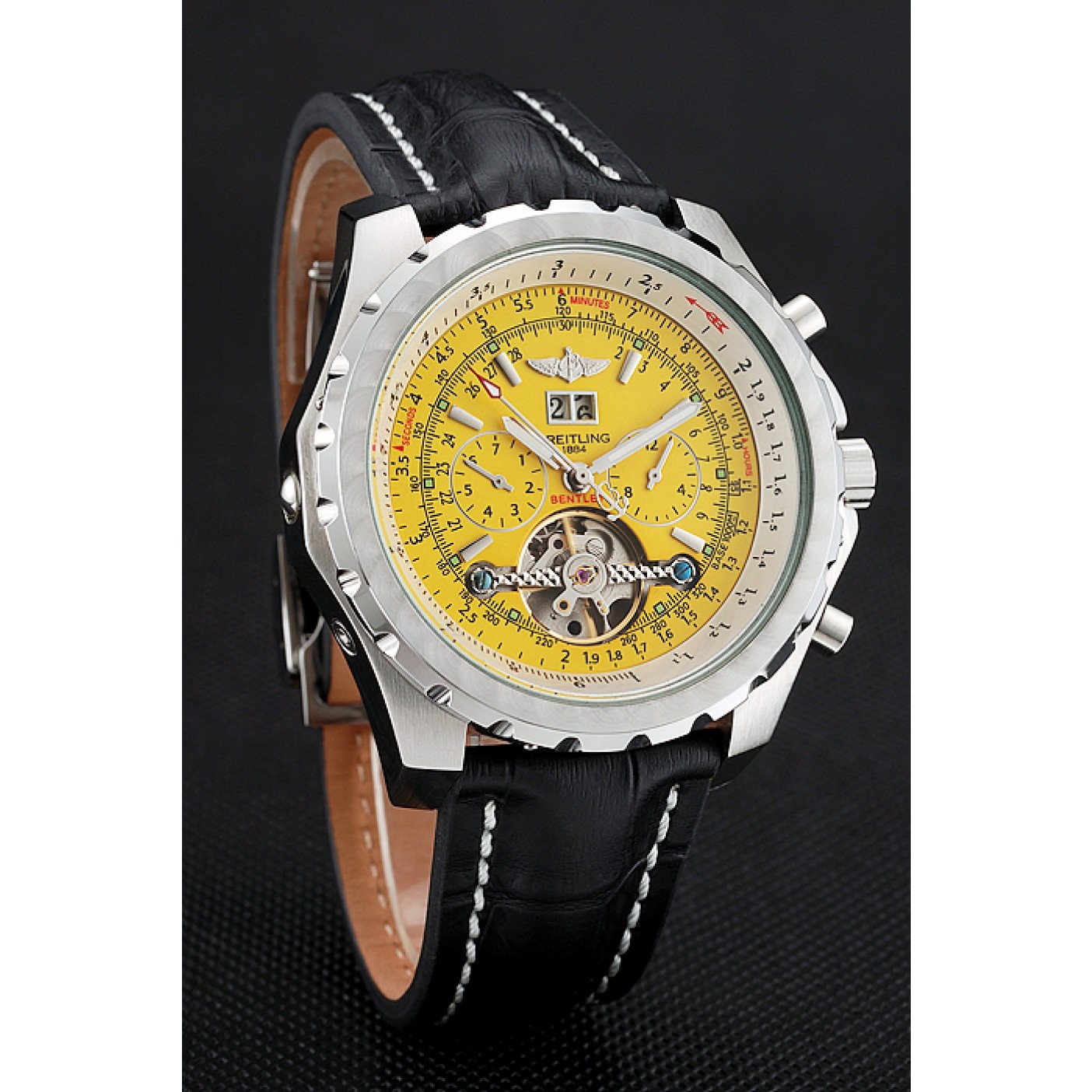 MiroTime Breitling Bentley Mulliner Tourbillon Yellow Dial Stainless Steel Case Black Leather Strap 622730