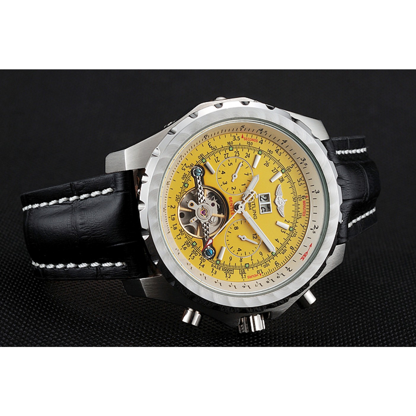 MiroTime Breitling Bentley Mulliner Tourbillon Yellow Dial Stainless Steel Case Black Leather Strap 622730
