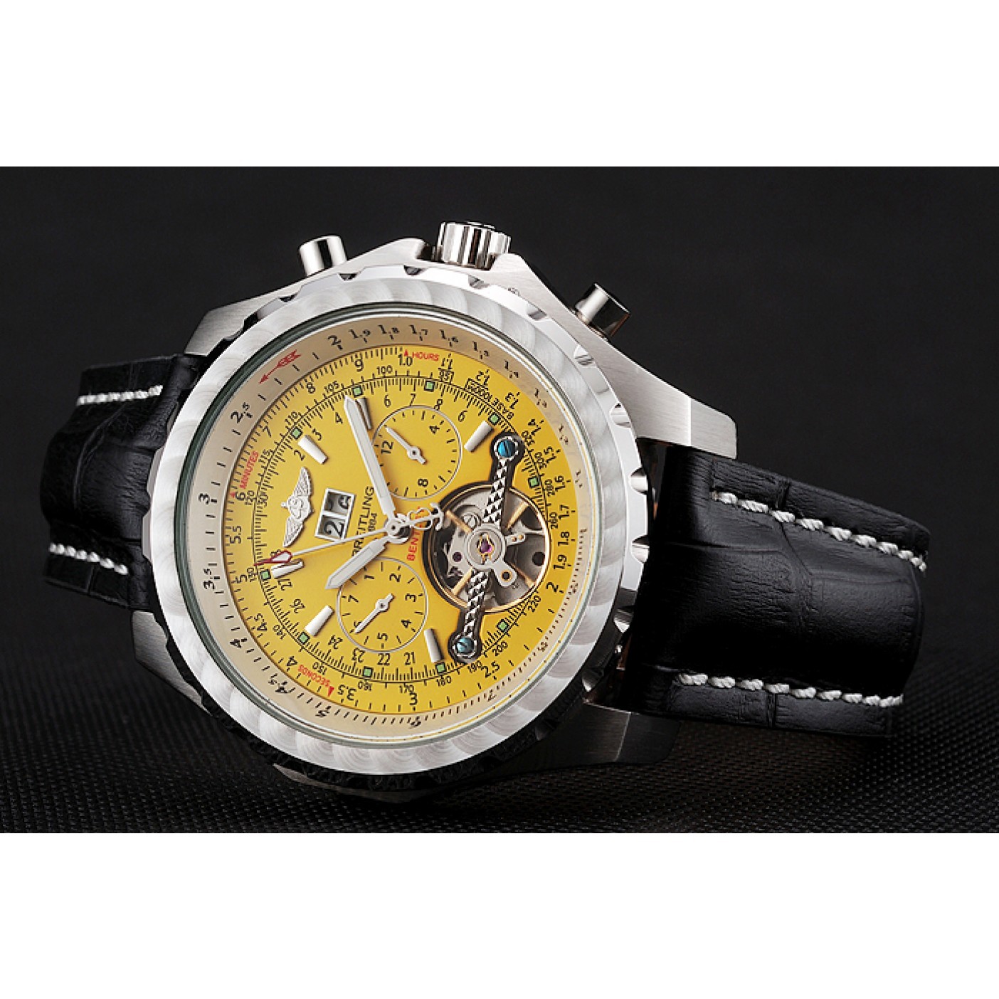 MiroTime Breitling Bentley Mulliner Tourbillon Yellow Dial Stainless Steel Case Black Leather Strap 622730