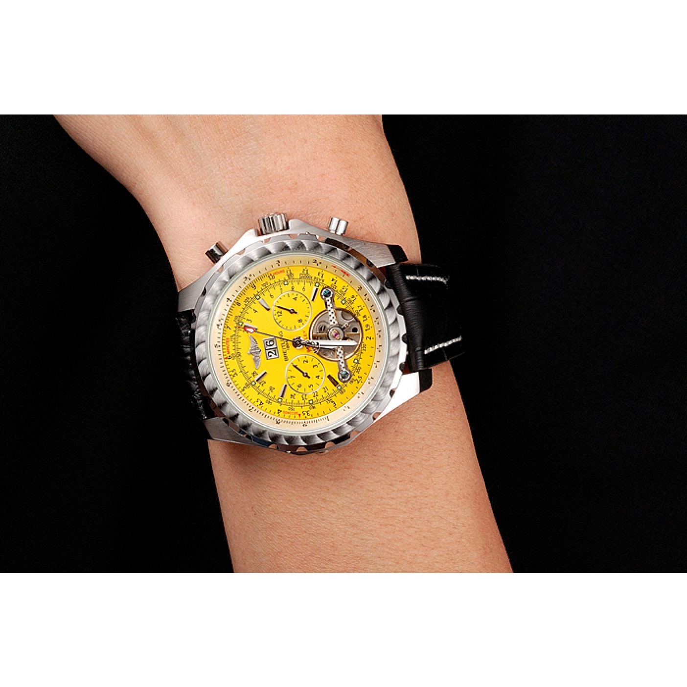 MiroTime Breitling Bentley Mulliner Tourbillon Yellow Dial Stainless Steel Case Black Leather Strap 622730