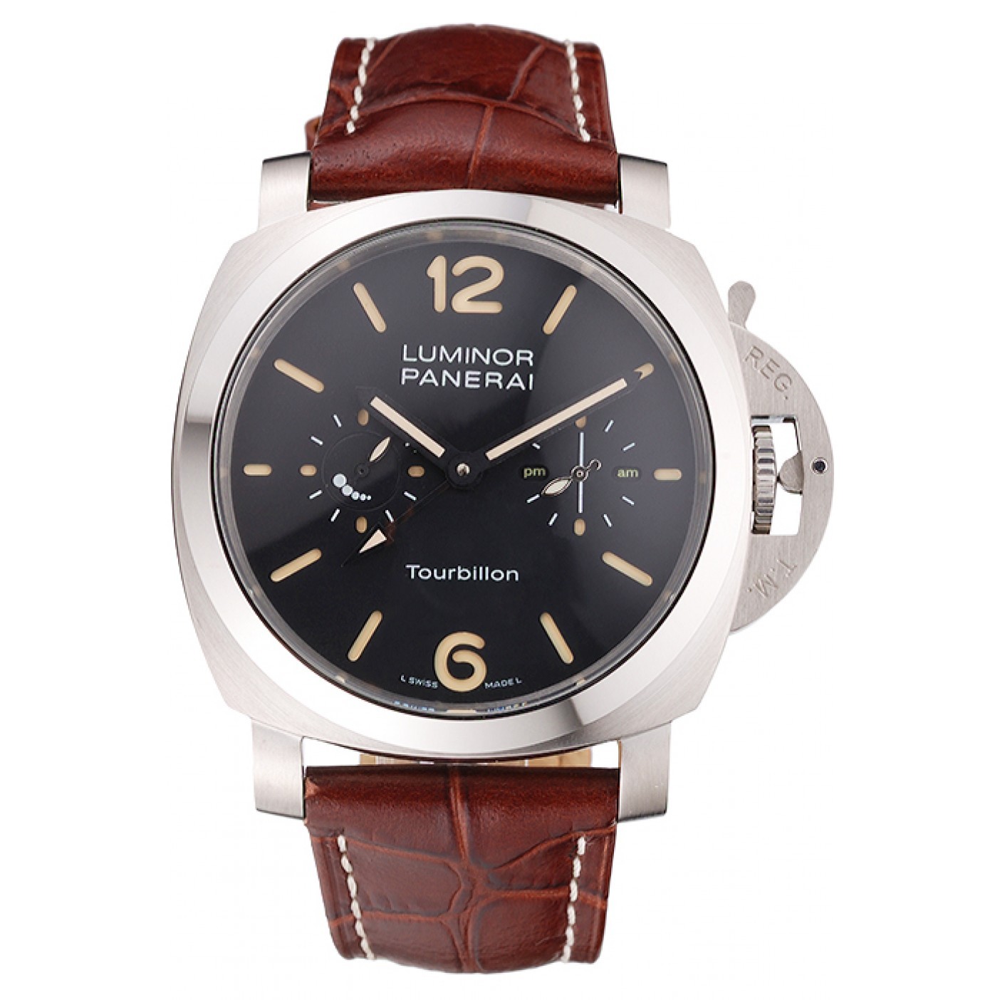 MiroTime Panerai Luminor 1950 Tourbillon GMT Black Dial Stainless Steel Case Brown Leather Strap