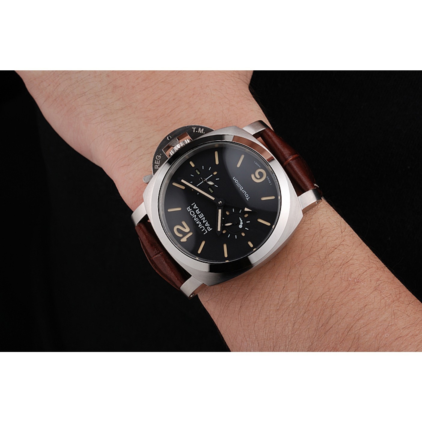 MiroTime Panerai Luminor 1950 Tourbillon GMT Black Dial Stainless Steel Case Brown Leather Strap