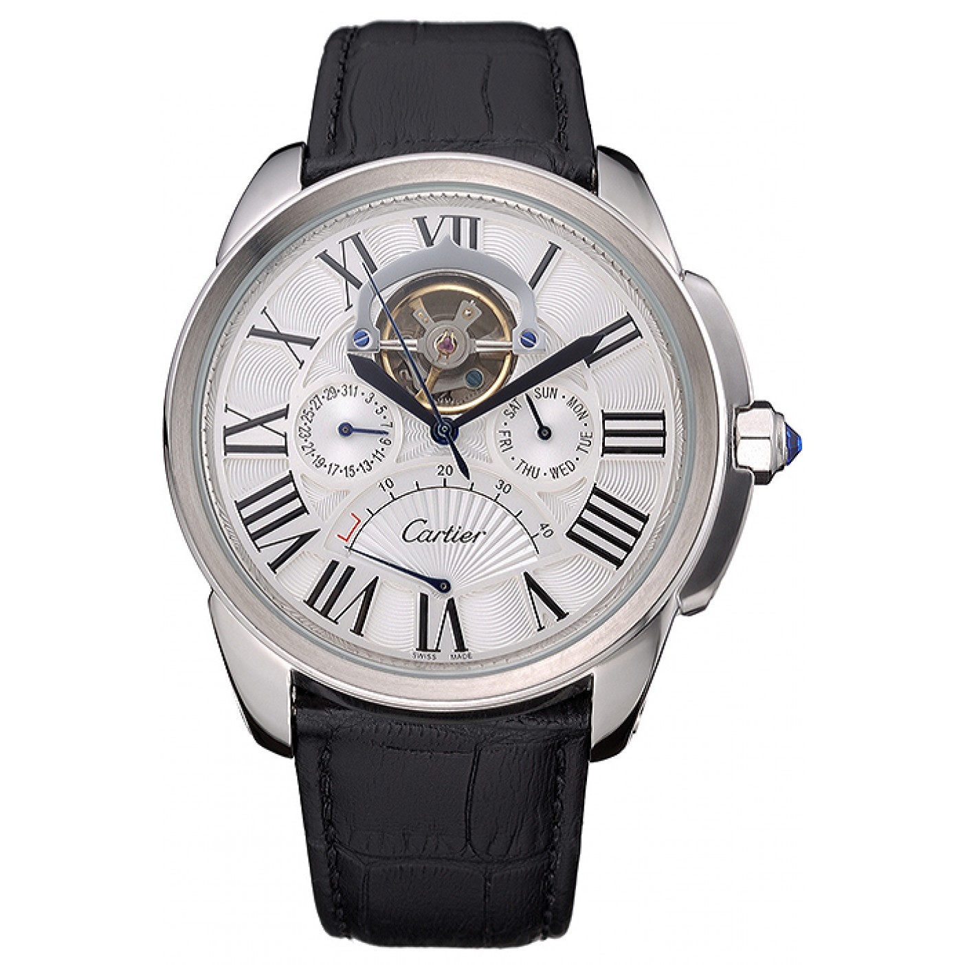 MiroTime Cartier Calibre Tourbillon White Dial Stainless Steel Case Black Leather Strap 622751