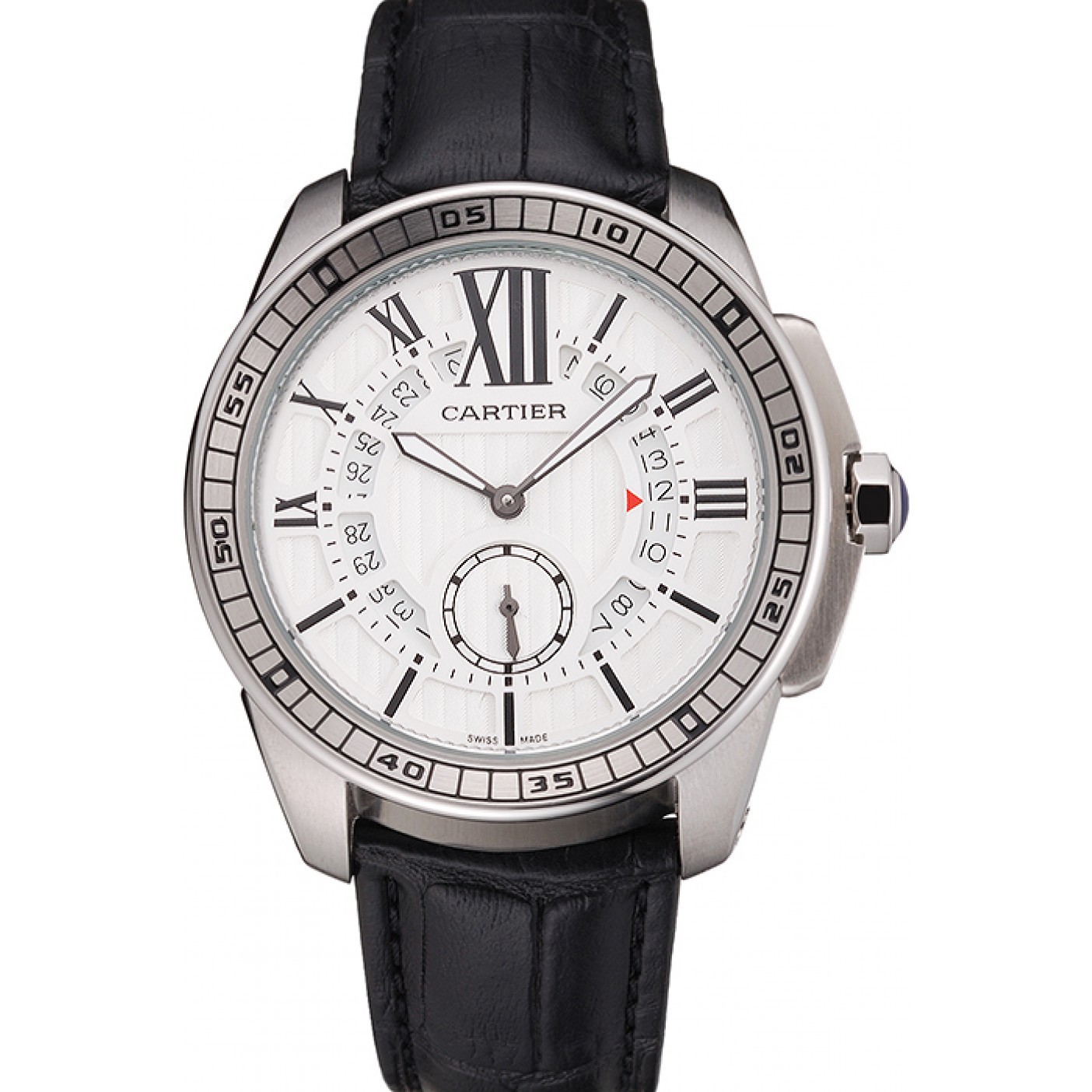 MiroTime Cartier Calibre De Cartier Small Seconds White Dial Stainless Steel Case Black Leather Strap