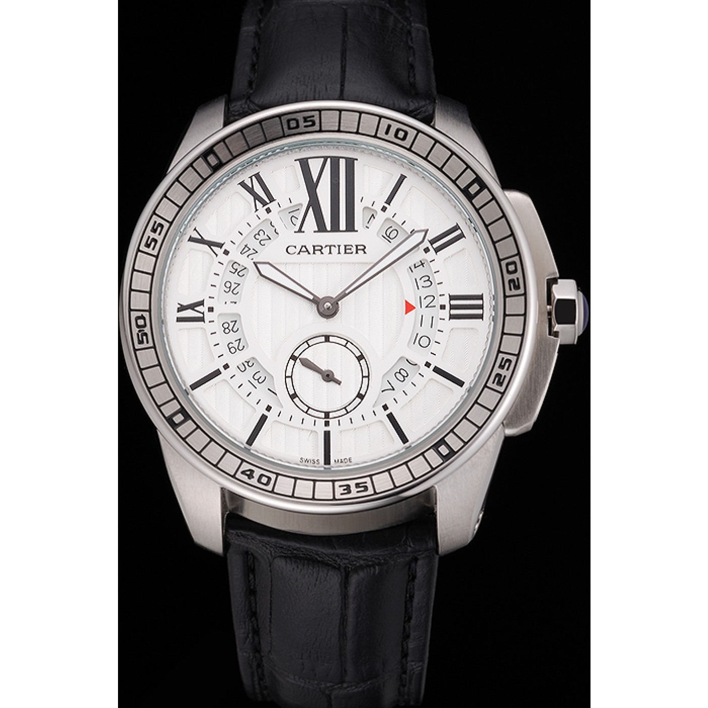 MiroTime Cartier Calibre De Cartier Small Seconds White Dial Stainless Steel Case Black Leather Strap