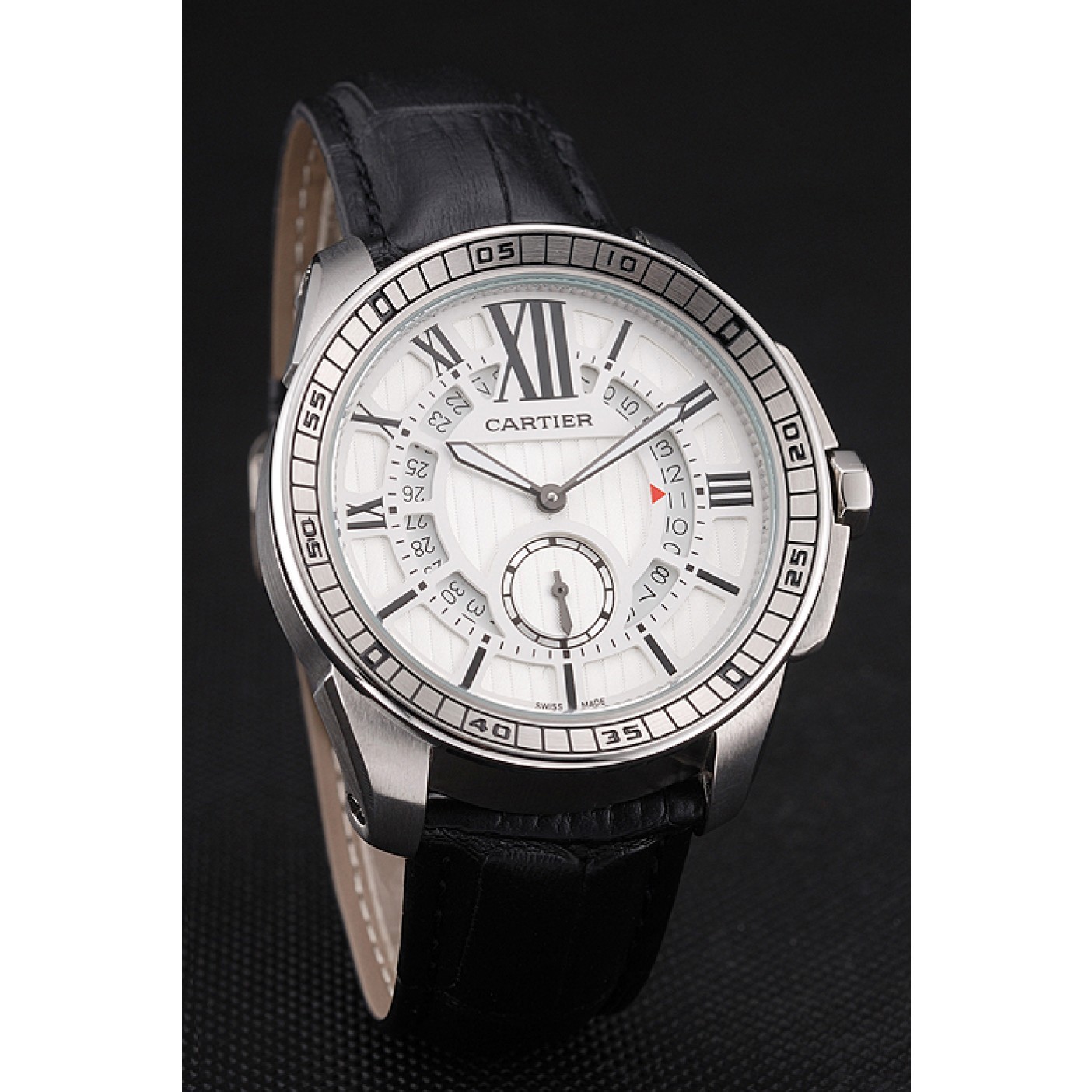 MiroTime Cartier Calibre De Cartier Small Seconds White Dial Stainless Steel Case Black Leather Strap