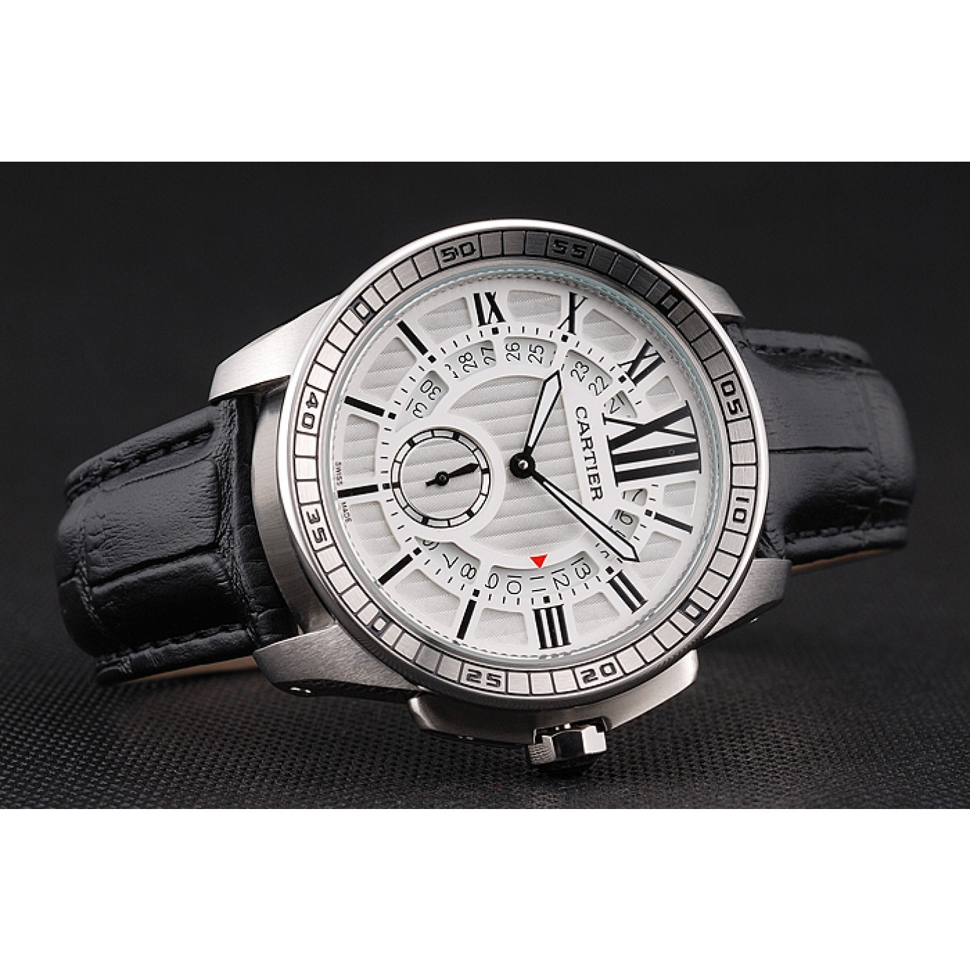 MiroTime Cartier Calibre De Cartier Small Seconds White Dial Stainless Steel Case Black Leather Strap