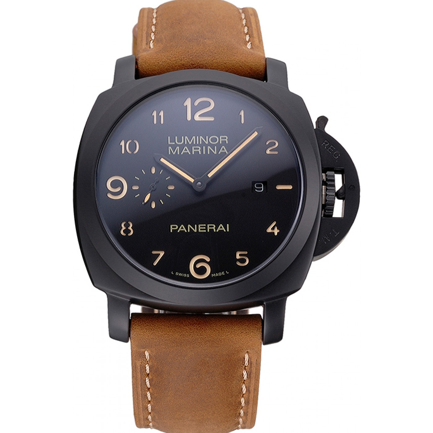 MiroTime Panerai Luminor Marina 1950 Black Dial Matte Black Steel Case Brown Suede Leather Strap