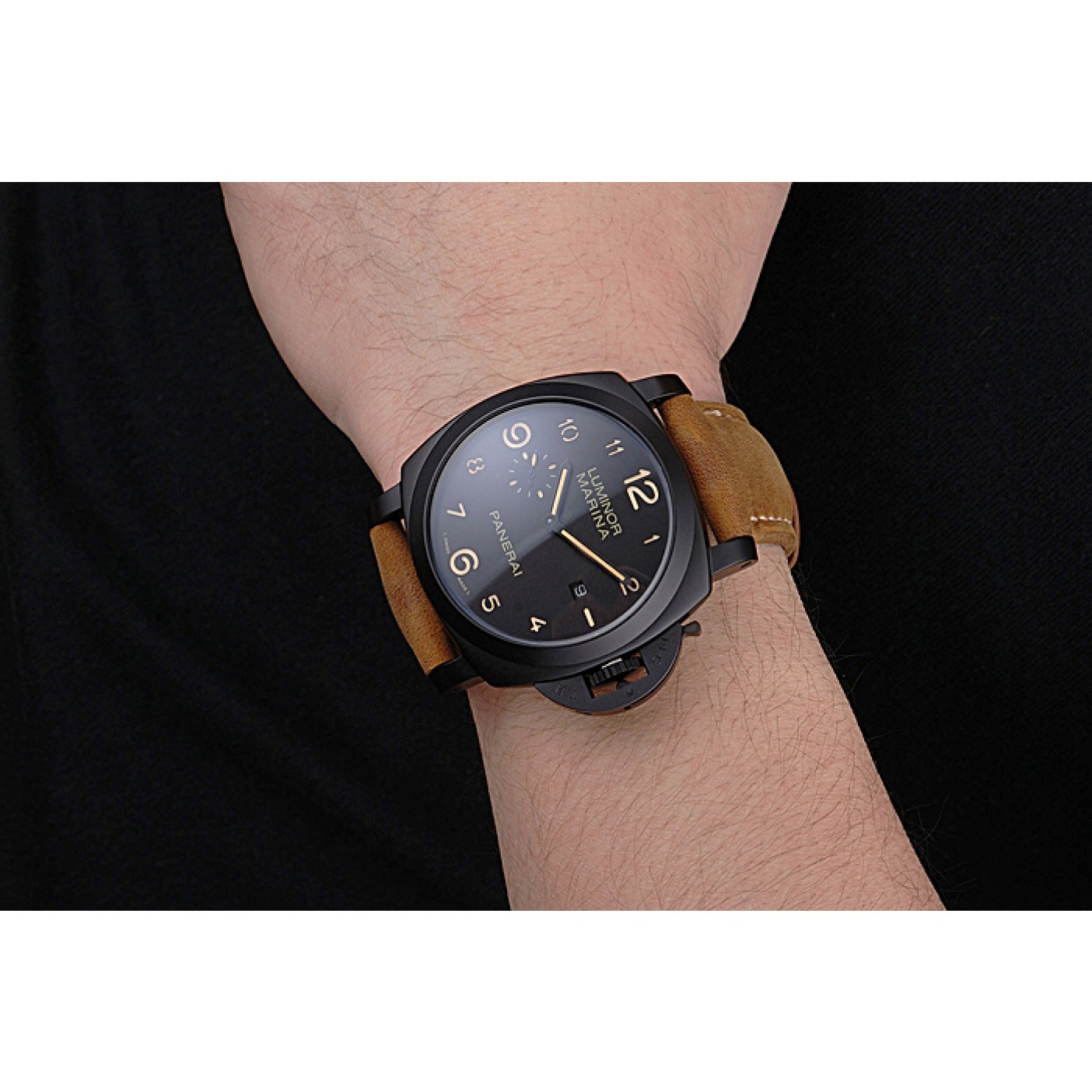 MiroTime Panerai Luminor Marina 1950 Black Dial Matte Black Steel Case Brown Suede Leather Strap