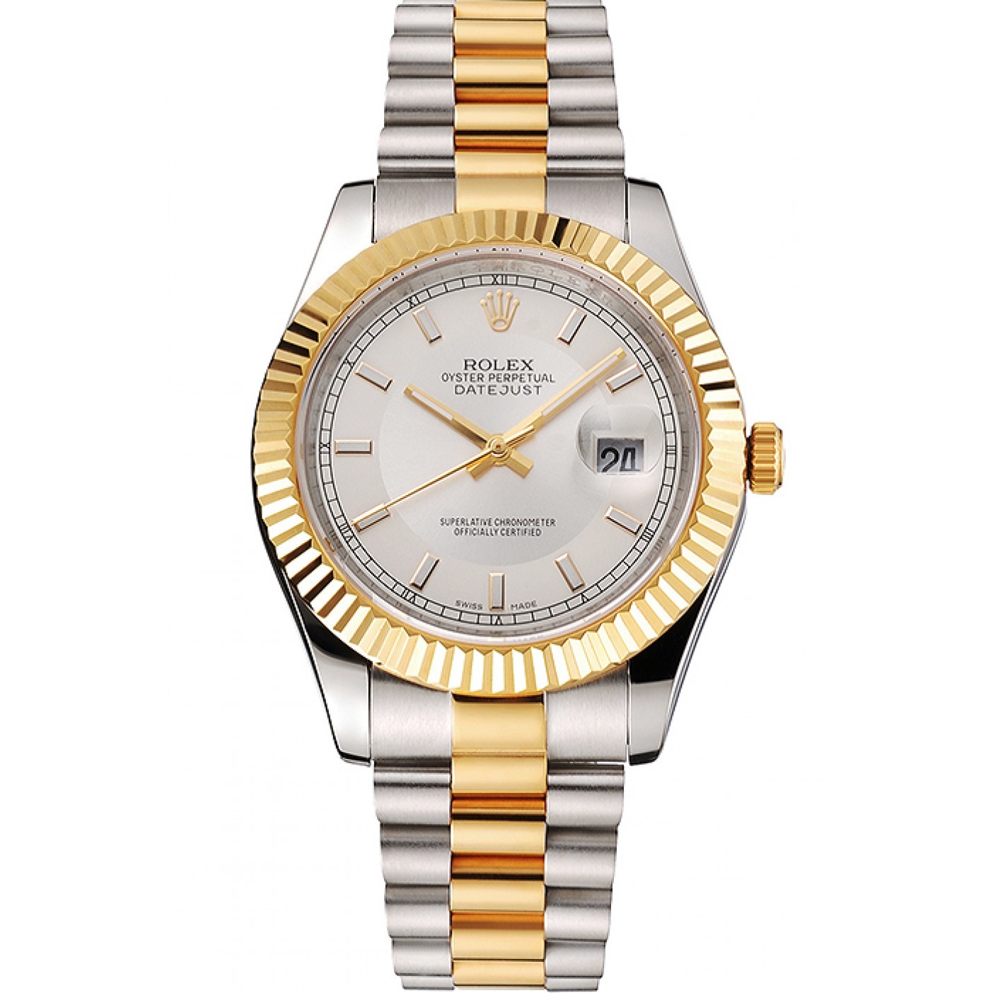 MiroTime Swiss Rolex Datejust White Dial Gold Bezel Stainless Steel Case Two Tone Gold Bracelet