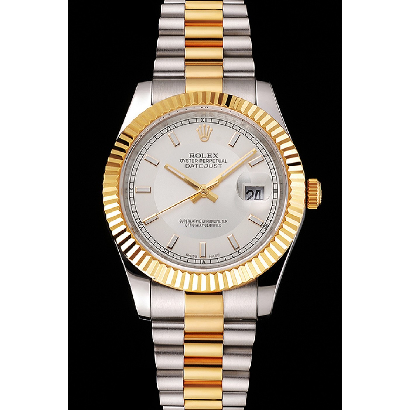 MiroTime Swiss Rolex Datejust White Dial Gold Bezel Stainless Steel Case Two Tone Gold Bracelet