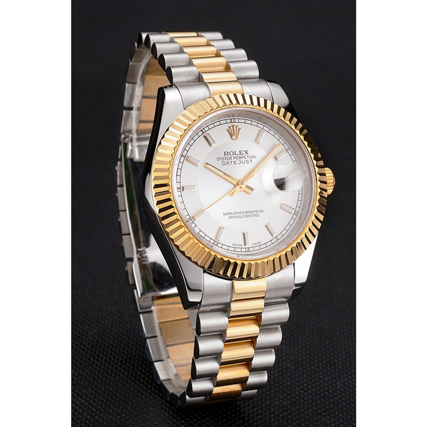 MiroTime Swiss Rolex Datejust White Dial Gold Bezel Stainless Steel Case Two Tone Gold Bracelet