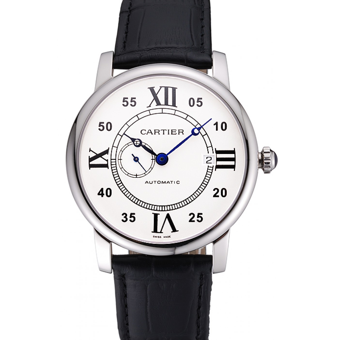 MiroTime Swiss Cartier Rotonde Solo White Dial Silver Case Black Leather Strap