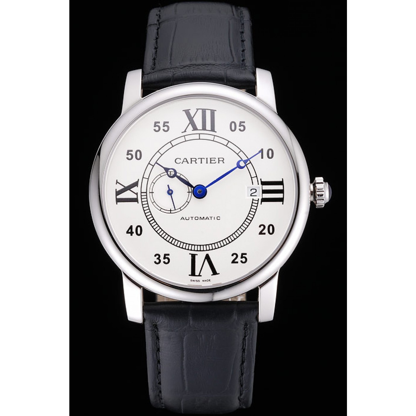 MiroTime Swiss Cartier Rotonde Solo White Dial Silver Case Black Leather Strap