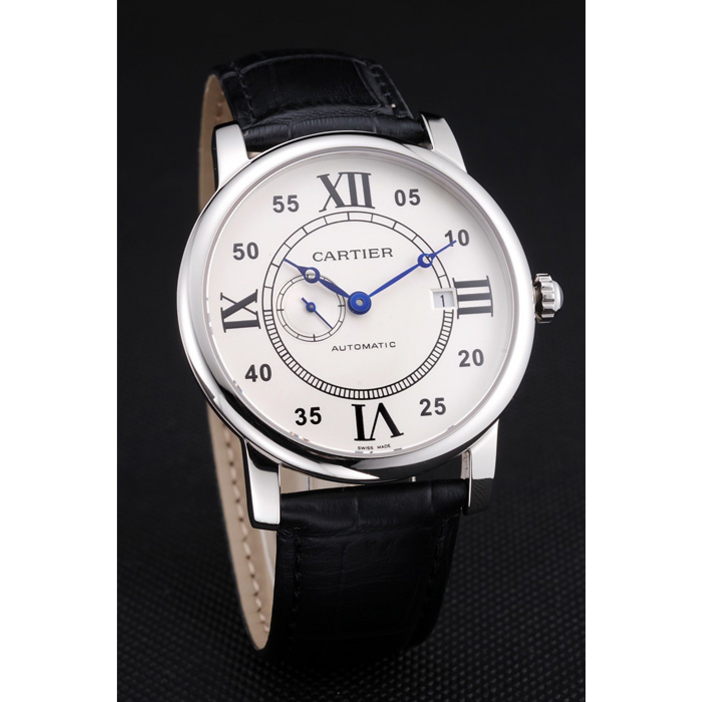 MiroTime Swiss Cartier Rotonde Solo White Dial Silver Case Black Leather Strap