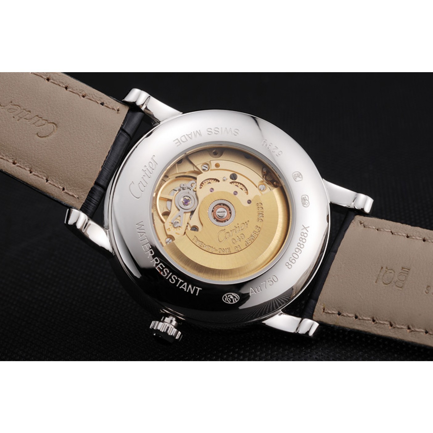 MiroTime Swiss Cartier Rotonde Solo White Dial Silver Case Black Leather Strap