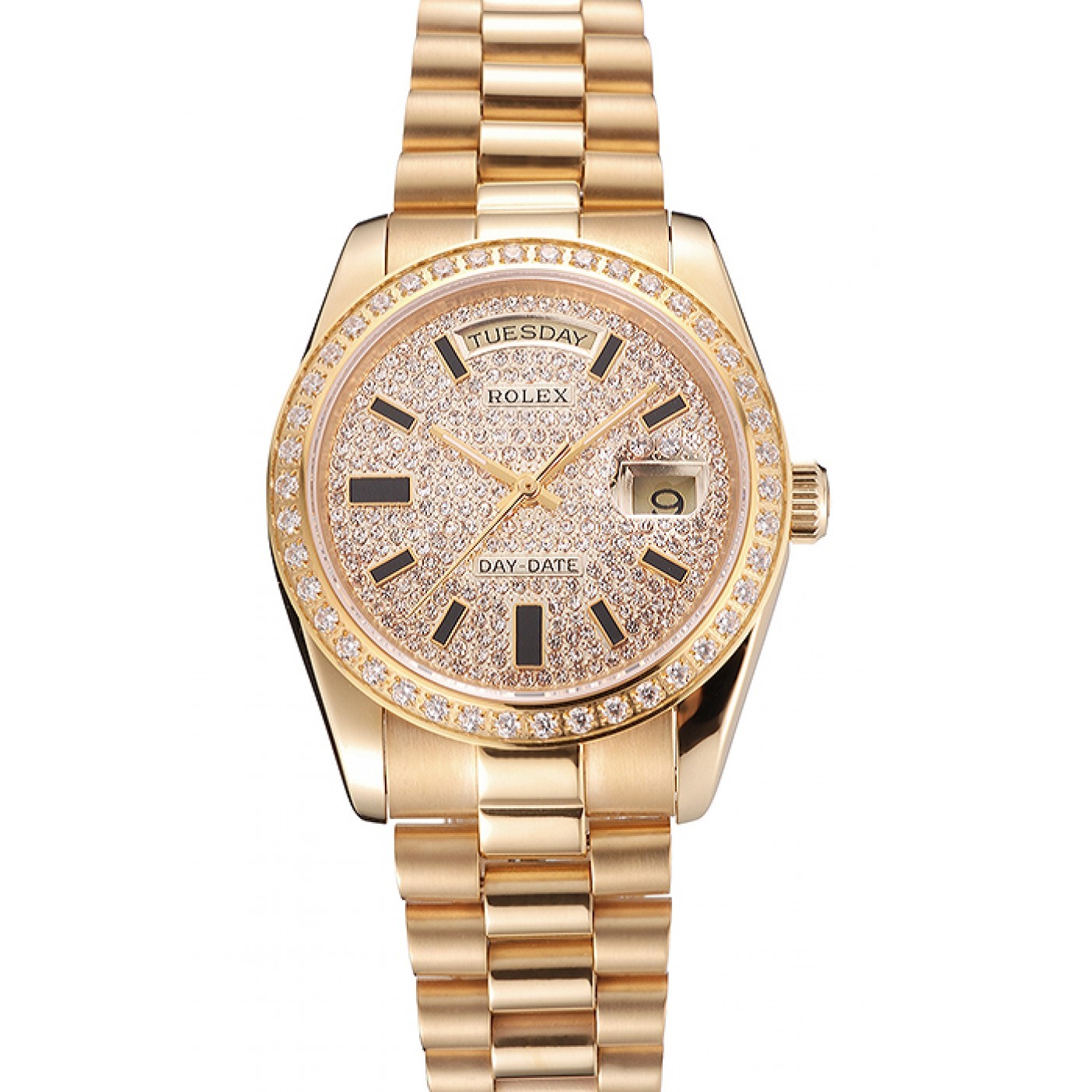 MiroTime Swiss Rolex Day Date Diamond Pave Dial And Bezel Gold Case And Bracelet