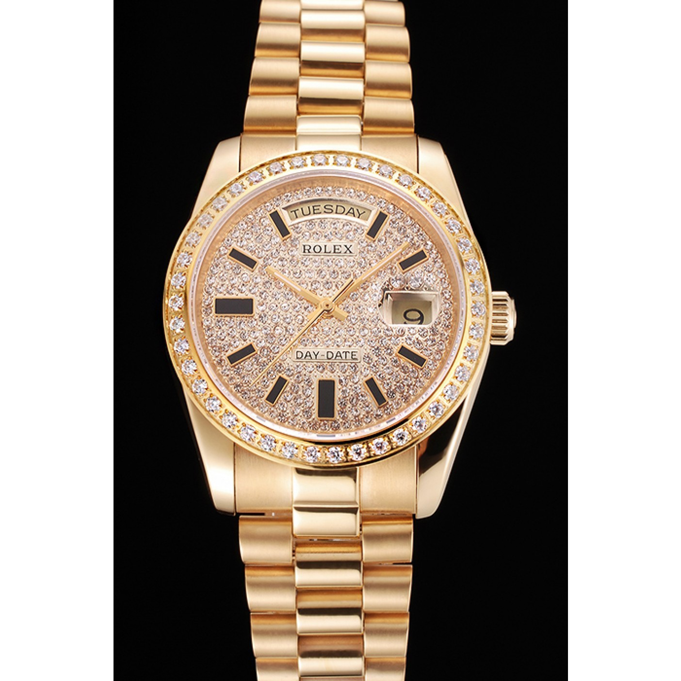 MiroTime Swiss Rolex Day Date Diamond Pave Dial And Bezel Gold Case And Bracelet