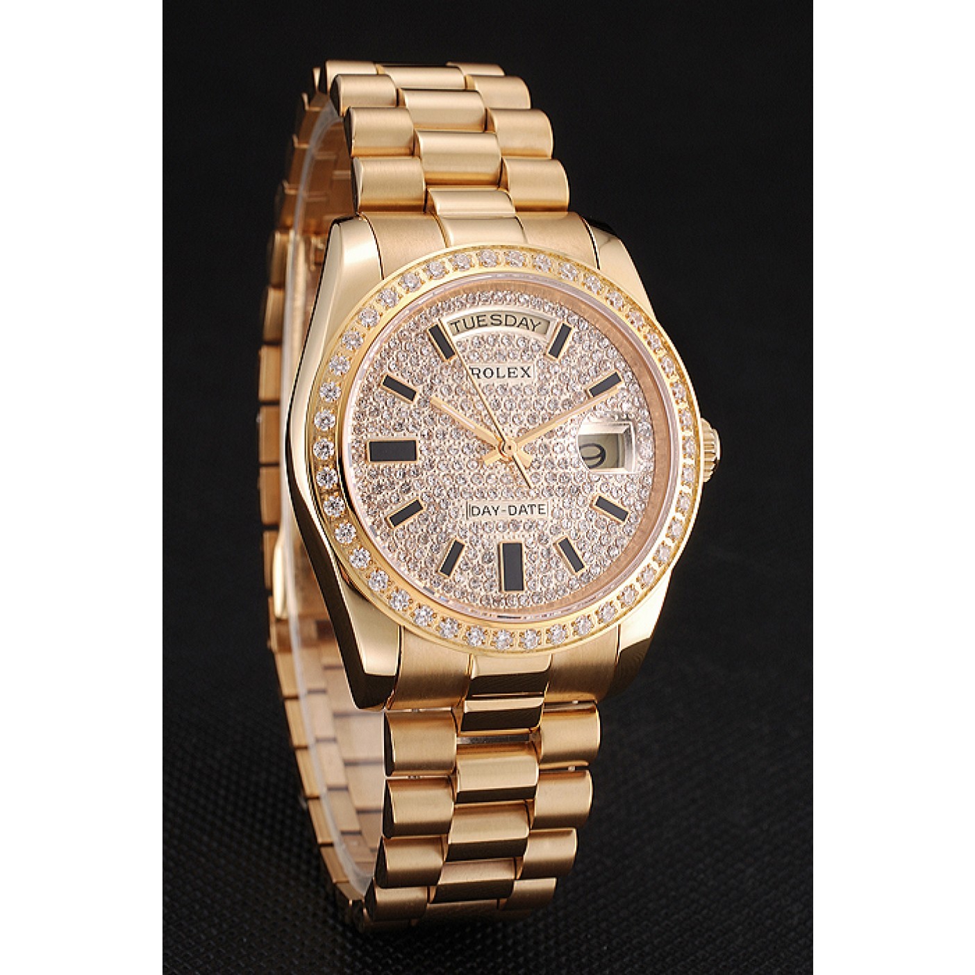 MiroTime Swiss Rolex Day Date Diamond Pave Dial And Bezel Gold Case And Bracelet