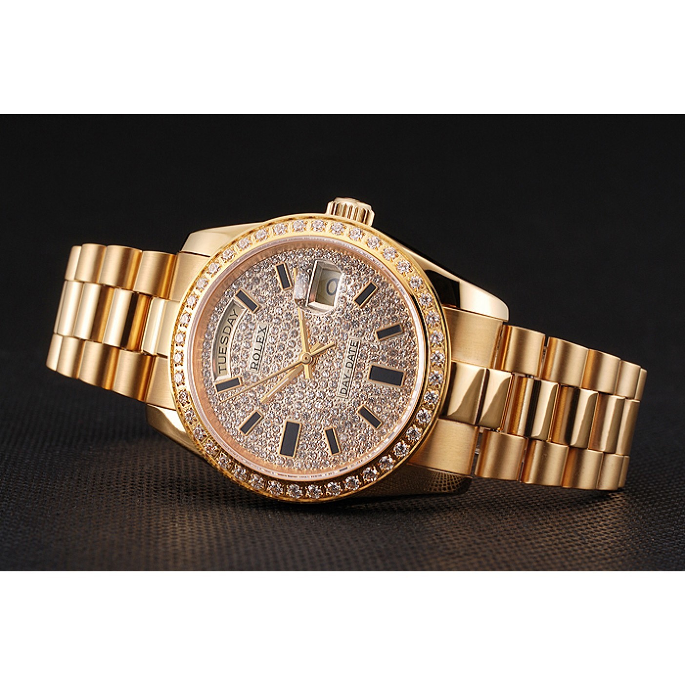 MiroTime Swiss Rolex Day Date Diamond Pave Dial And Bezel Gold Case And Bracelet