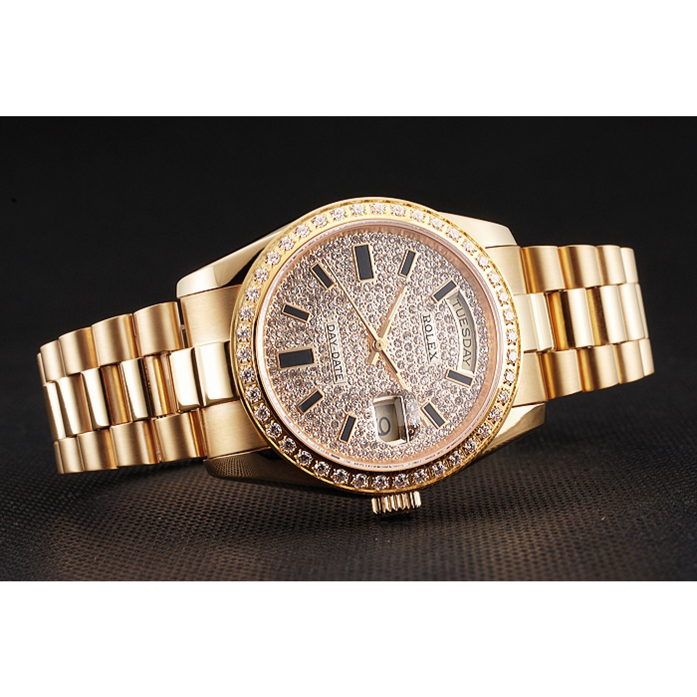 MiroTime Swiss Rolex Day Date Diamond Pave Dial And Bezel Gold Case And Bracelet