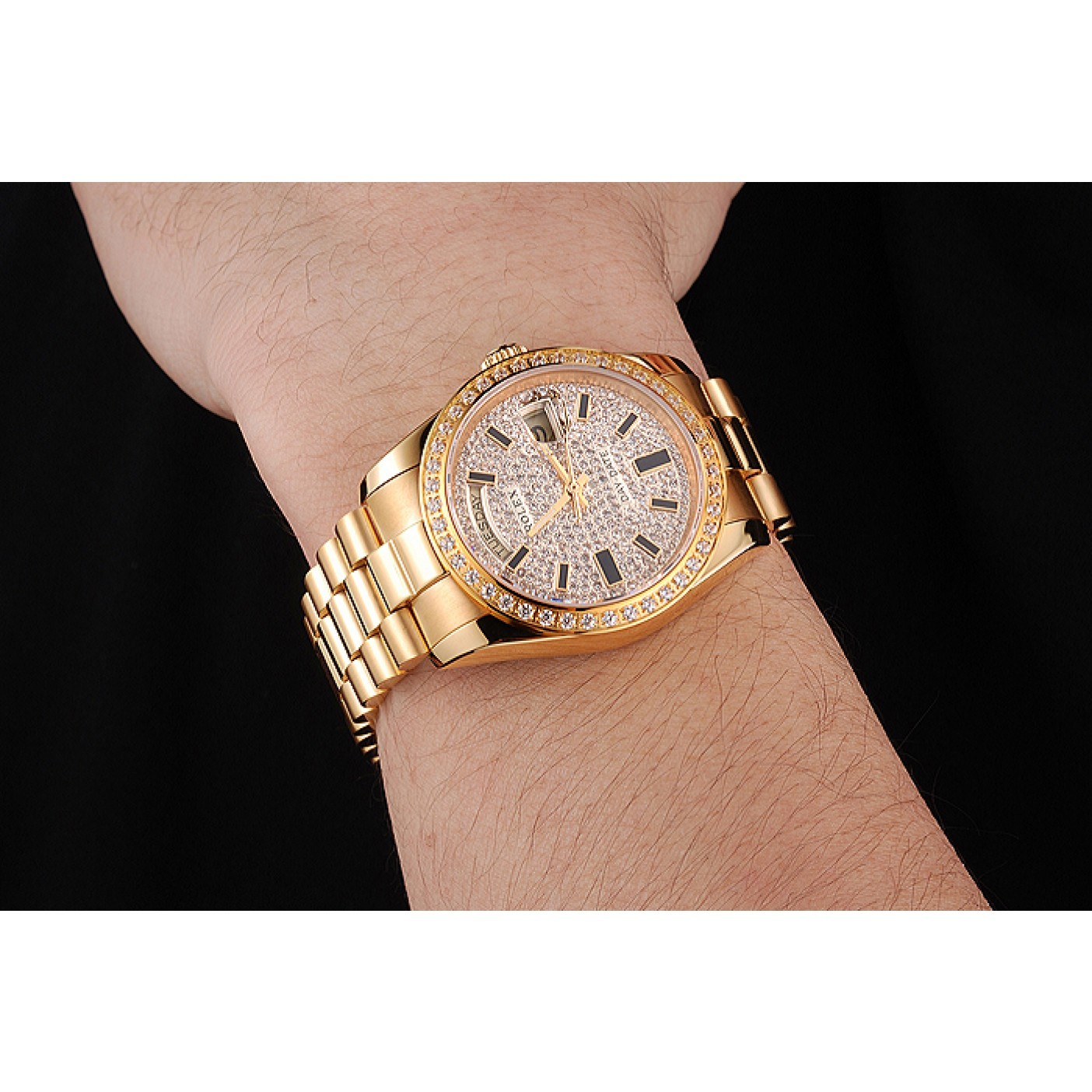 MiroTime Swiss Rolex Day Date Diamond Pave Dial And Bezel Gold Case And Bracelet