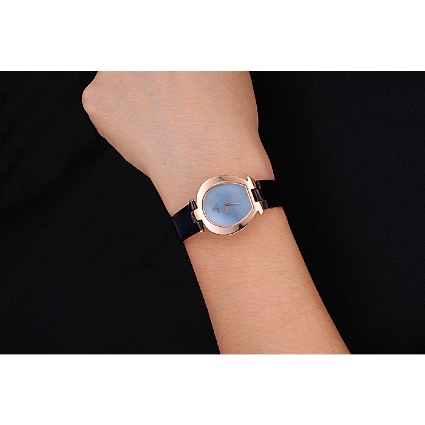 MiroTime Omega Ladies Watch Sky Blue Dial Gold Case Black Leather Strap 622821