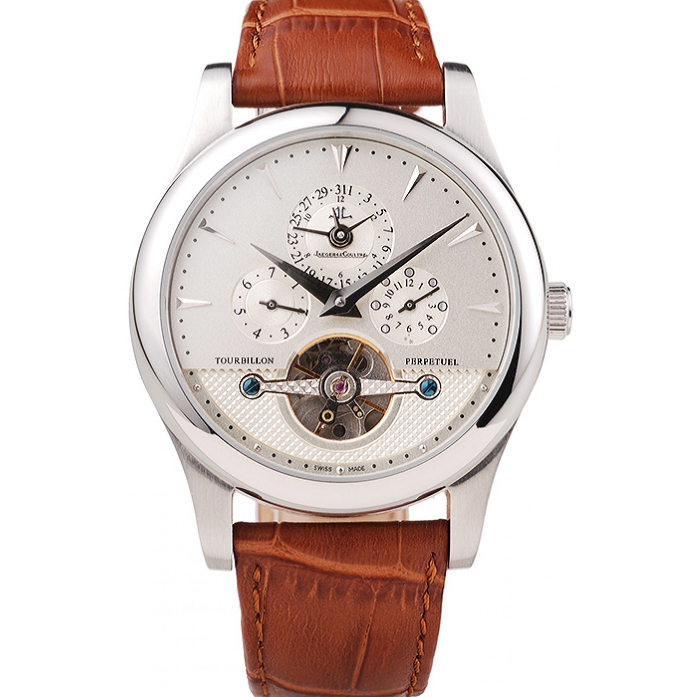 MiroTime Jaeger Le Coultre Master Control Tourbillon White Dial Brown Leather Strap