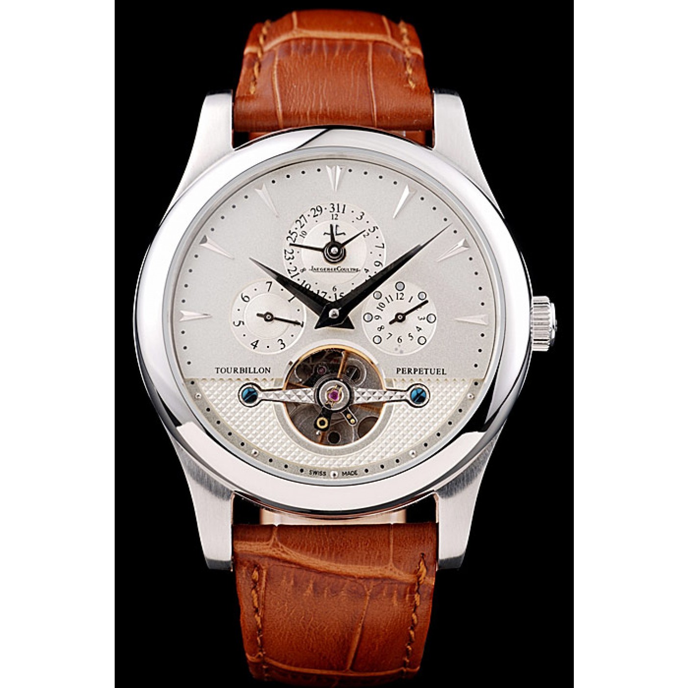 MiroTime Jaeger Le Coultre Master Control Tourbillon White Dial Brown Leather Strap