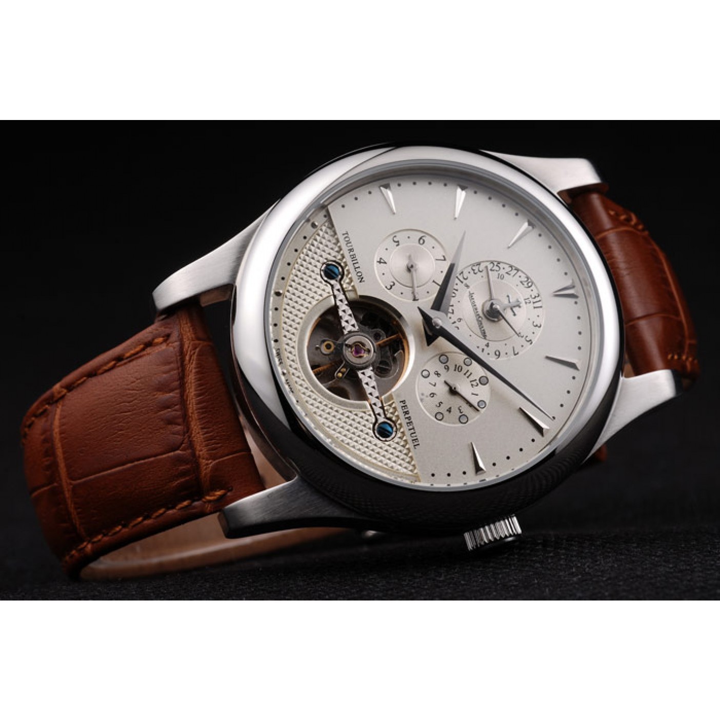 MiroTime Jaeger Le Coultre Master Control Tourbillon White Dial Brown Leather Strap