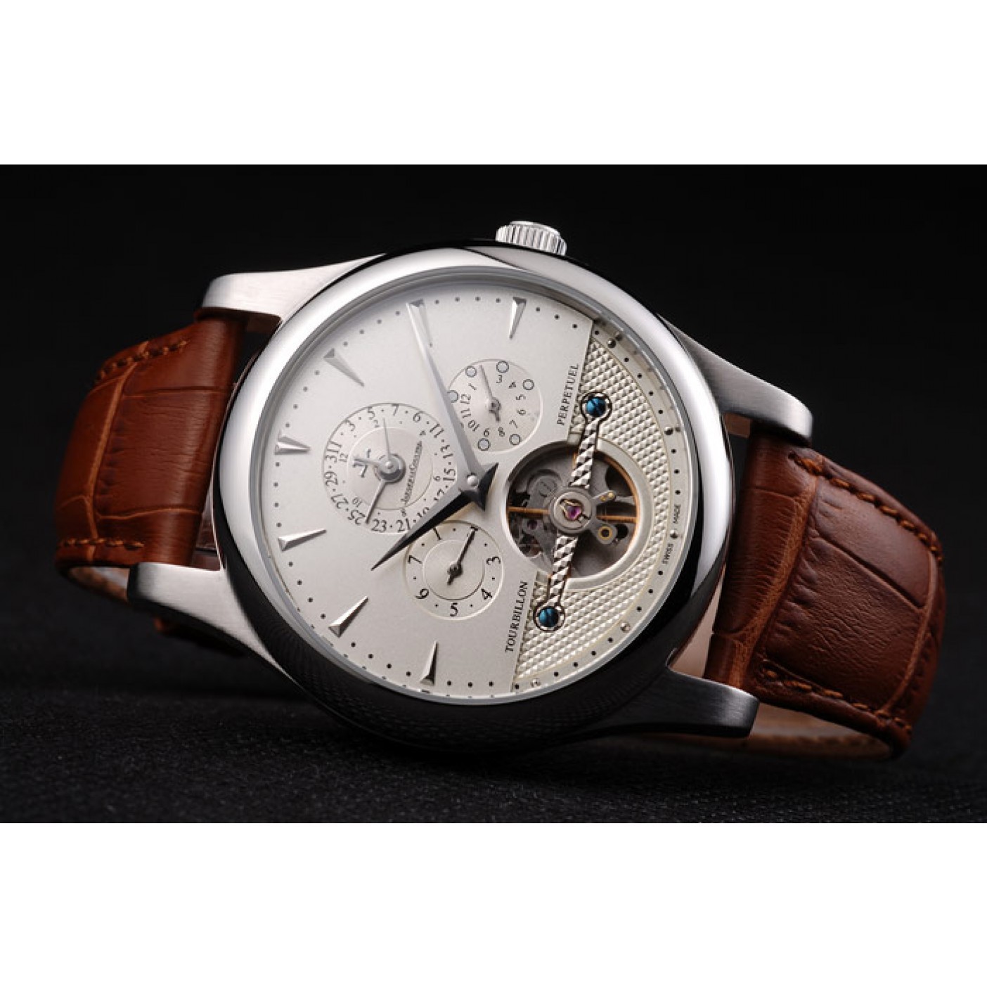 MiroTime Jaeger Le Coultre Master Control Tourbillon White Dial Brown Leather Strap