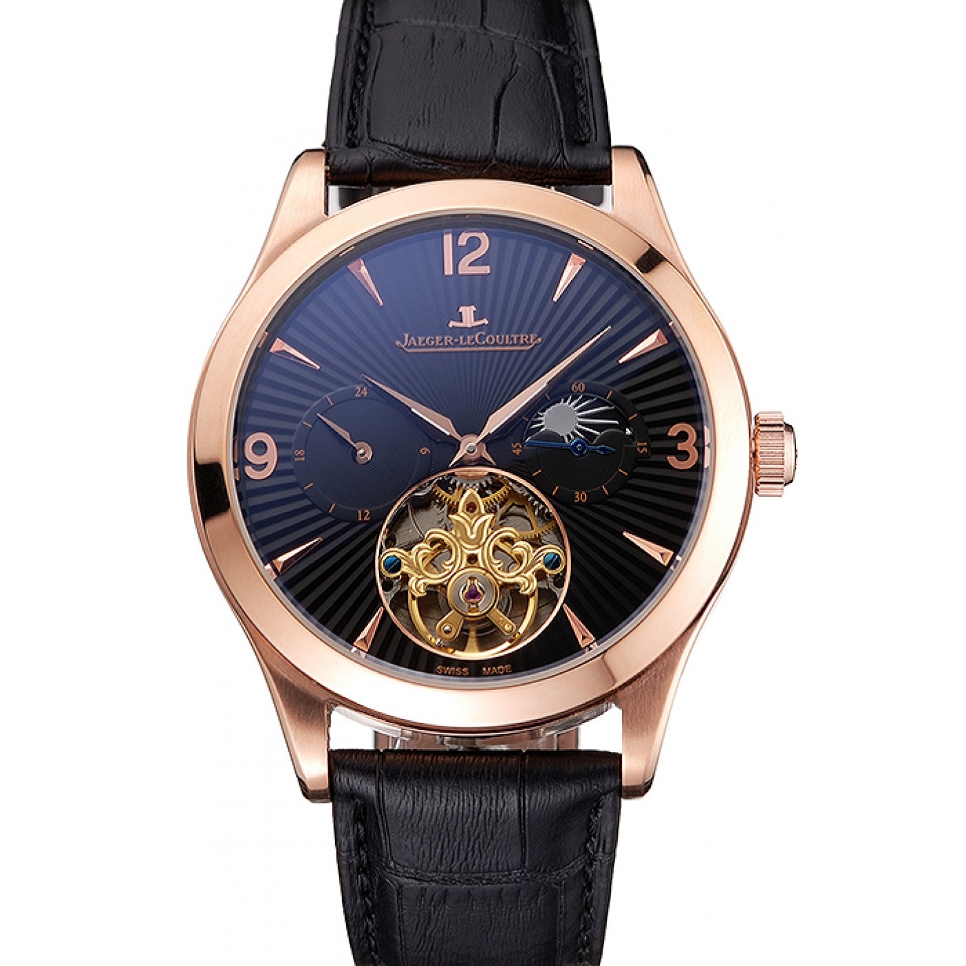 MiroTime Jaeger LeCoultre Master Moonphase Tourbillon Black Dial Rose Gold Case Black Leather Strap