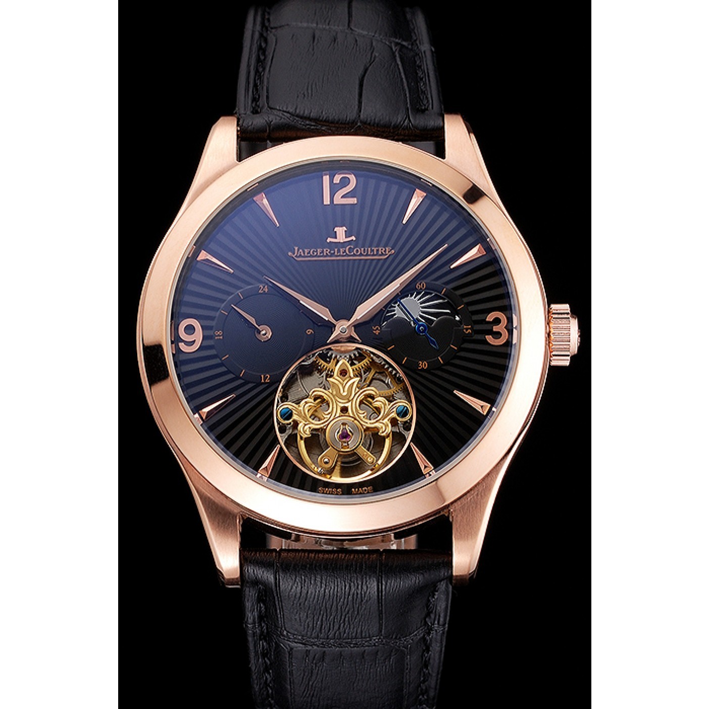 MiroTime Jaeger LeCoultre Master Moonphase Tourbillon Black Dial Rose Gold Case Black Leather Strap