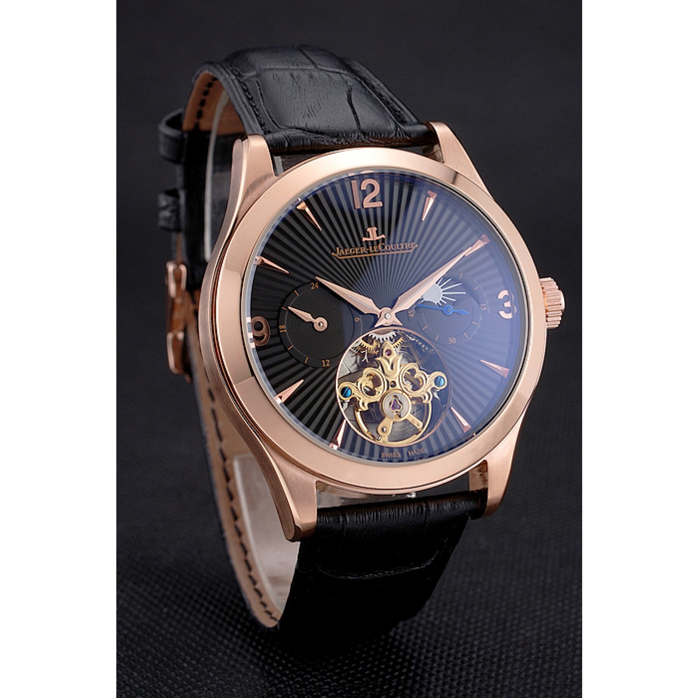 MiroTime Jaeger LeCoultre Master Moonphase Tourbillon Black Dial Rose Gold Case Black Leather Strap