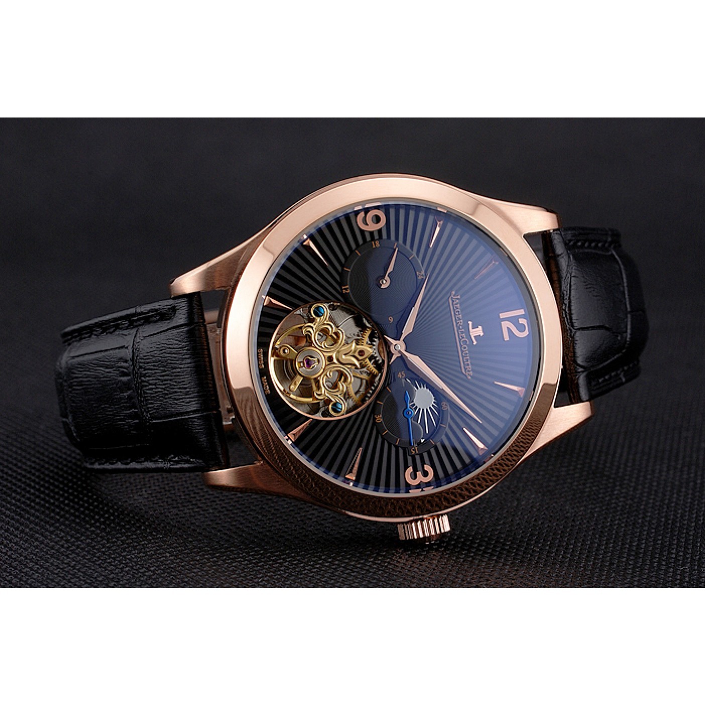 MiroTime Jaeger LeCoultre Master Moonphase Tourbillon Black Dial Rose Gold Case Black Leather Strap