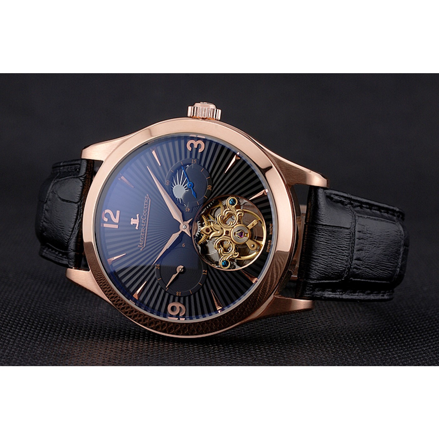 MiroTime Jaeger LeCoultre Master Moonphase Tourbillon Black Dial Rose Gold Case Black Leather Strap