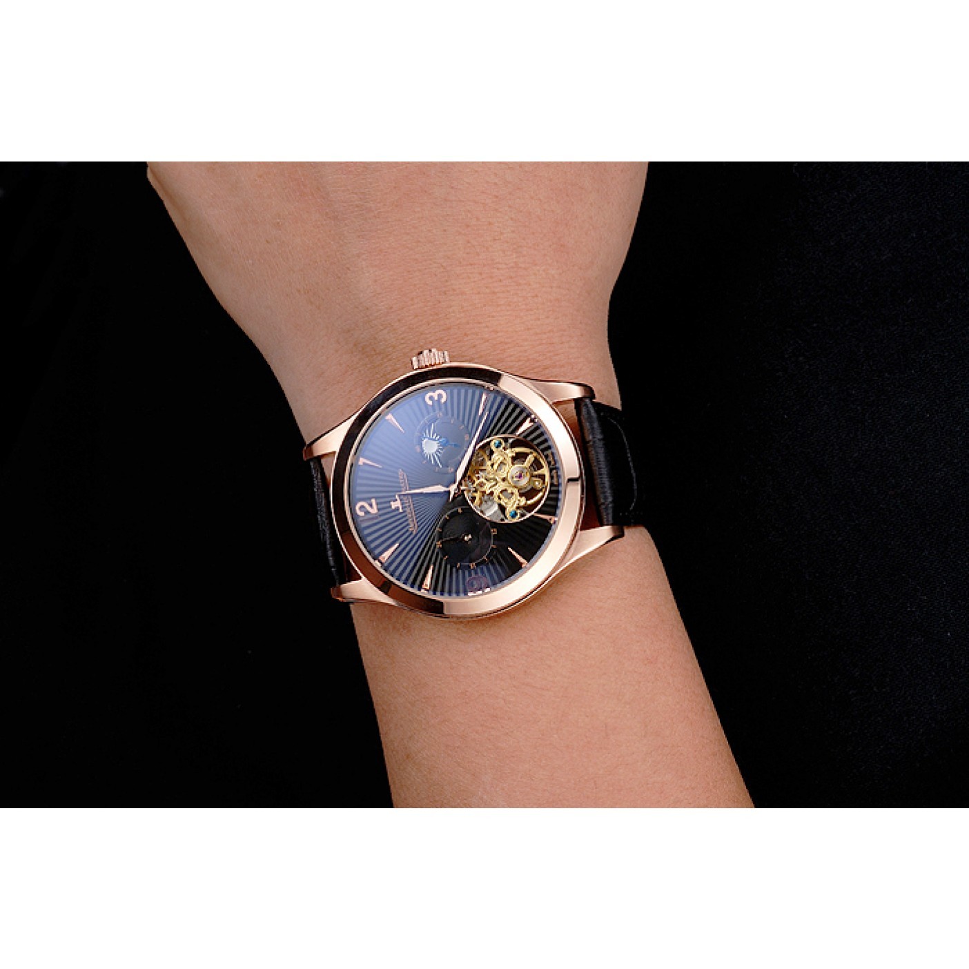 MiroTime Jaeger LeCoultre Master Moonphase Tourbillon Black Dial Rose Gold Case Black Leather Strap