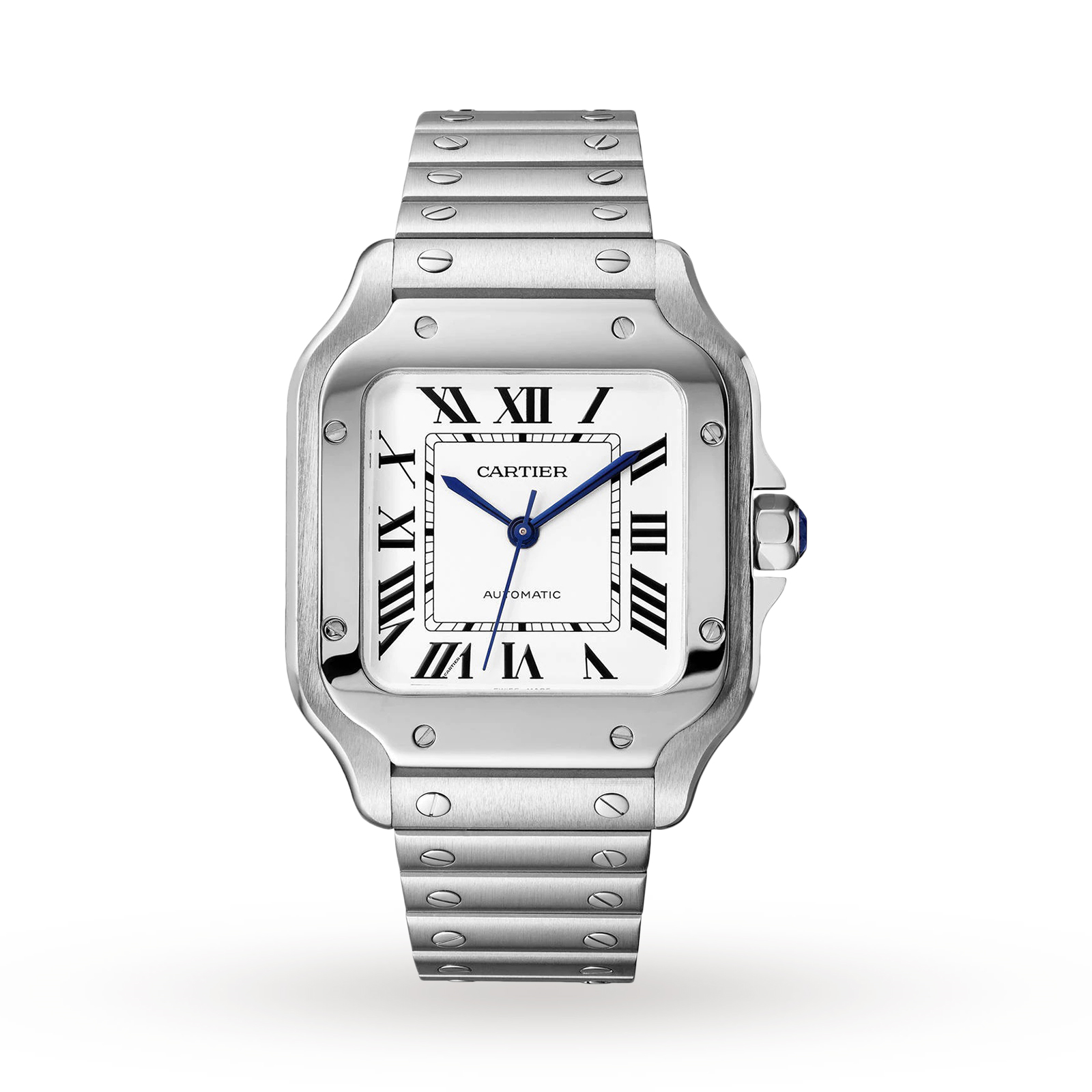 MiroTime Swiss Santos de Cartier watch, Medium model, automatic, steel, interchangeable metal and leather bracelets