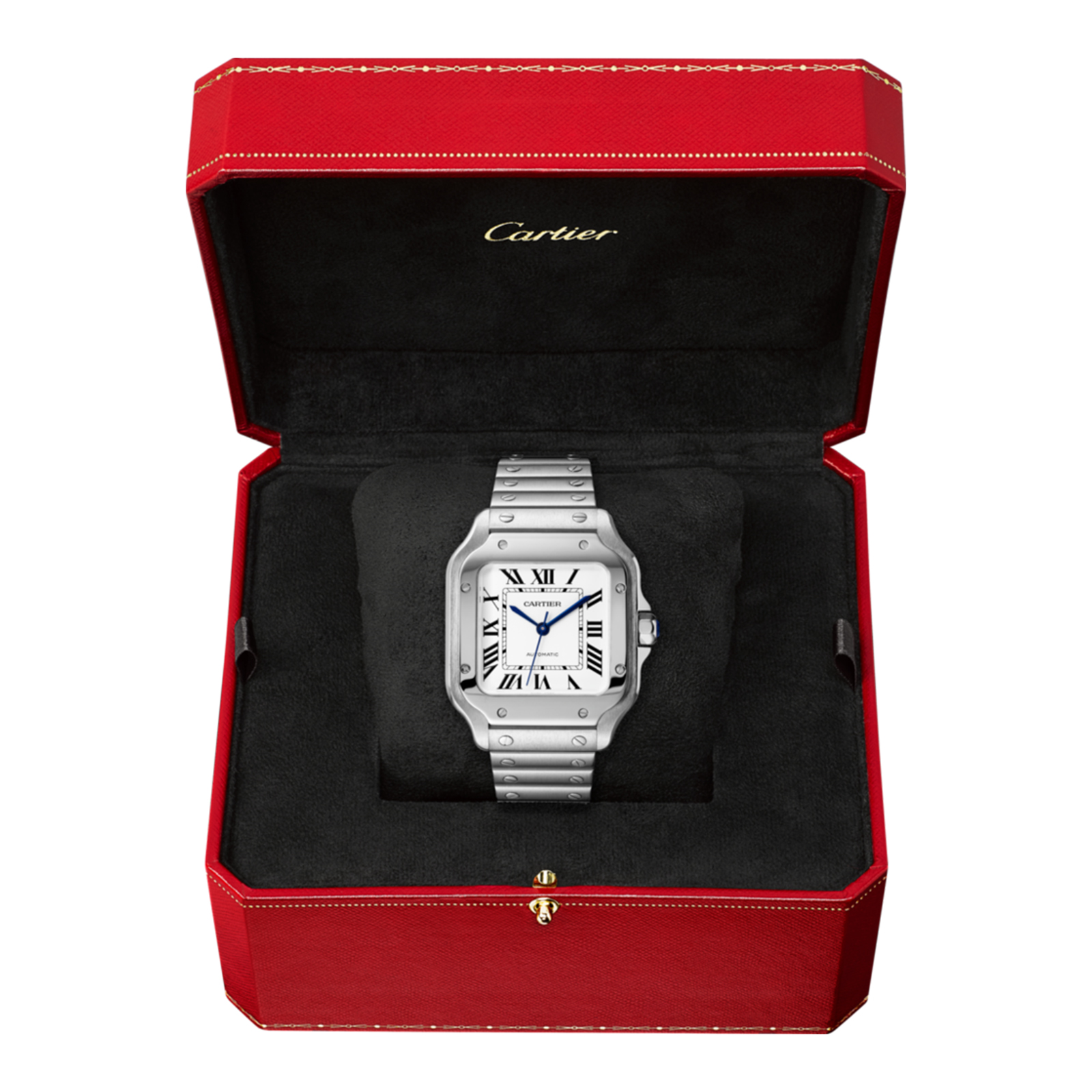 MiroTime Swiss Santos de Cartier watch, Medium model, automatic, steel, interchangeable metal and leather bracelets