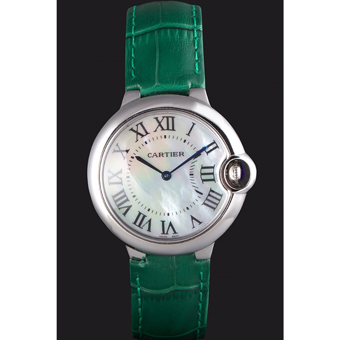 MiroTime Cartier Ballon Bleu Silver Bezel with Pearl Dial Green Leather Band 621552