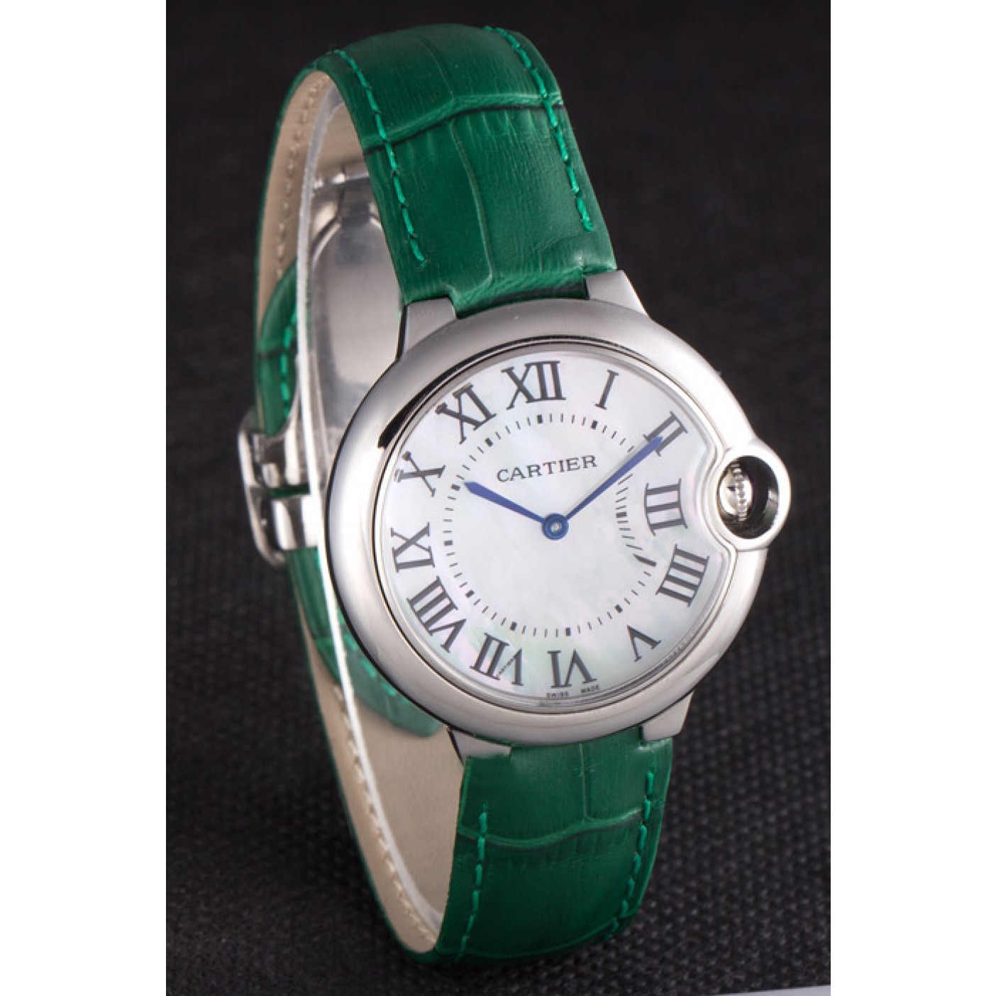 MiroTime Cartier Ballon Bleu Silver Bezel with Pearl Dial Green Leather Band 621552