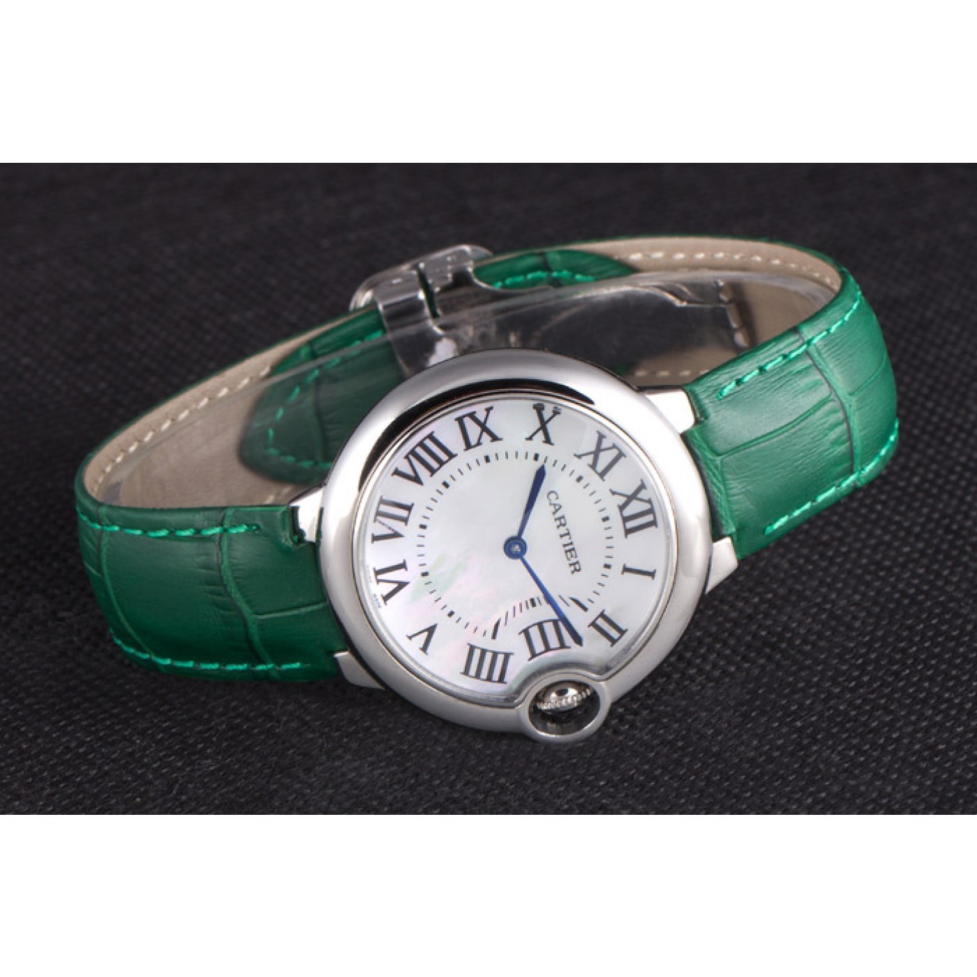 MiroTime Cartier Ballon Bleu Silver Bezel with Pearl Dial Green Leather Band 621552
