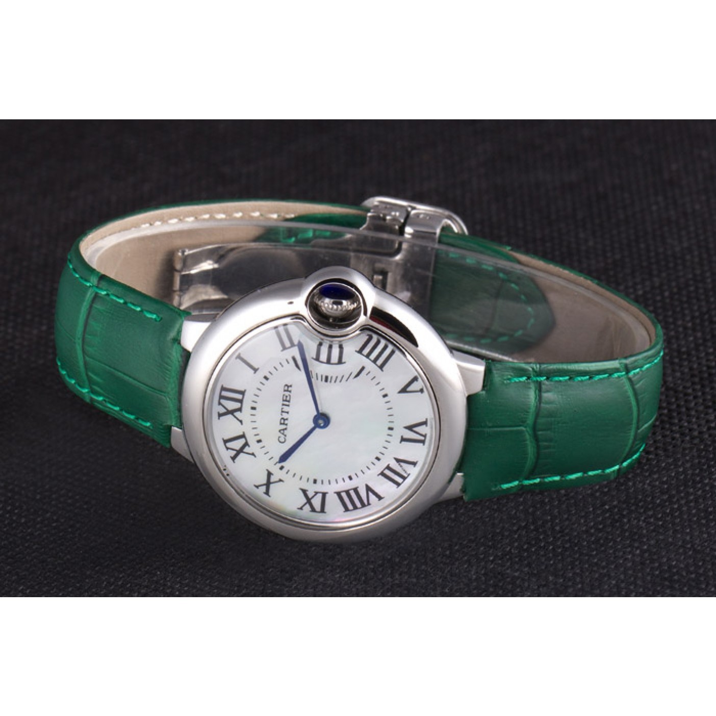 MiroTime Cartier Ballon Bleu Silver Bezel with Pearl Dial Green Leather Band 621552