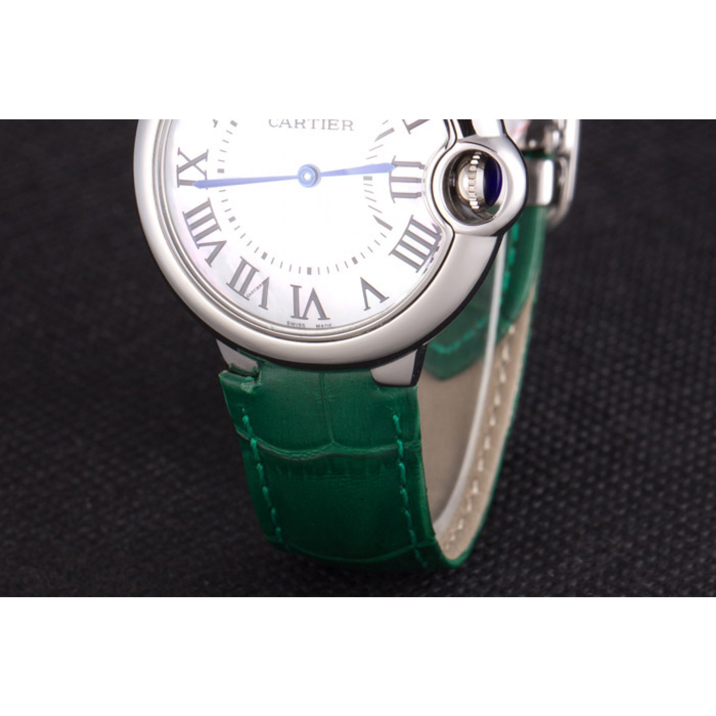 MiroTime Cartier Ballon Bleu Silver Bezel with Pearl Dial Green Leather Band 621552
