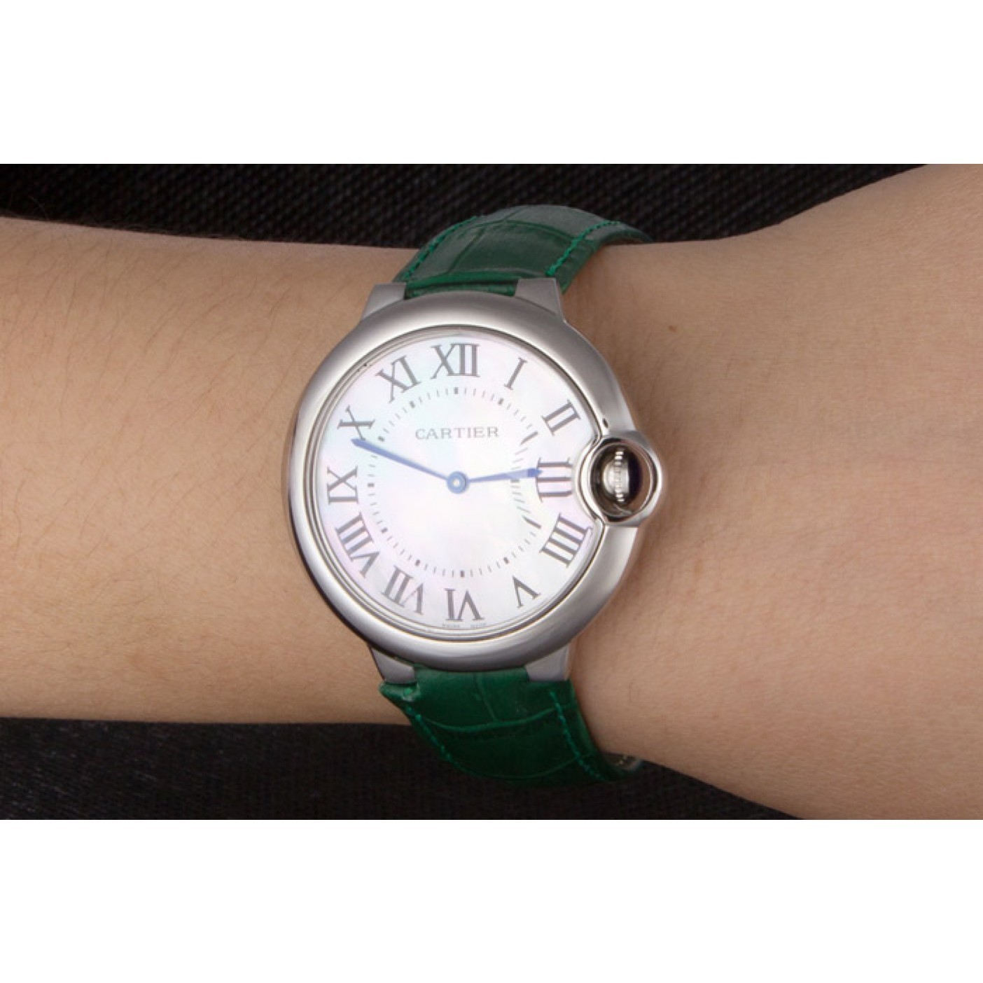 MiroTime Cartier Ballon Bleu Silver Bezel with Pearl Dial Green Leather Band 621552