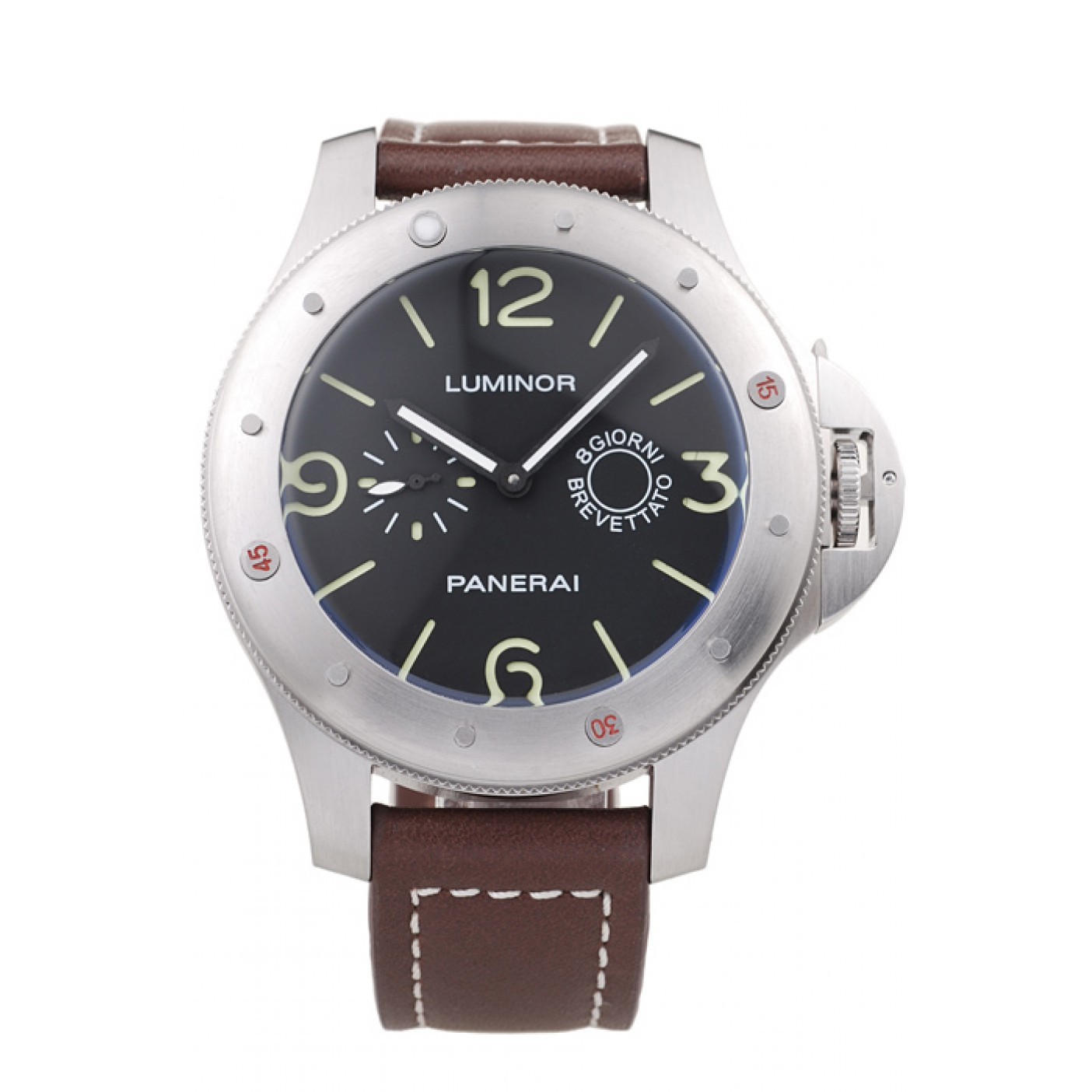 MiroTime Panerai Luminor Brushed Stainless Steel Case Black Dial Dark Brown Leather Strap