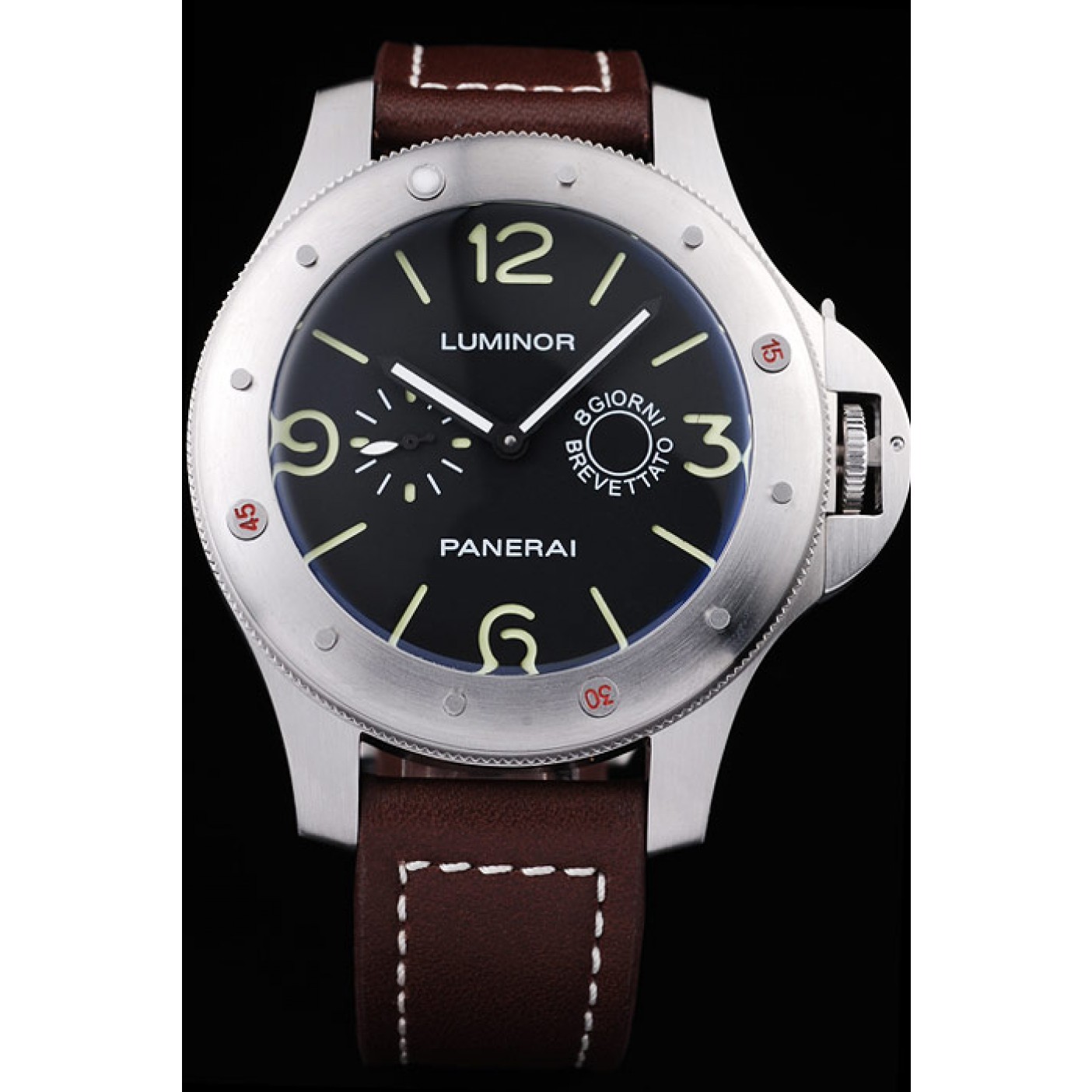 MiroTime Panerai Luminor Brushed Stainless Steel Case Black Dial Dark Brown Leather Strap