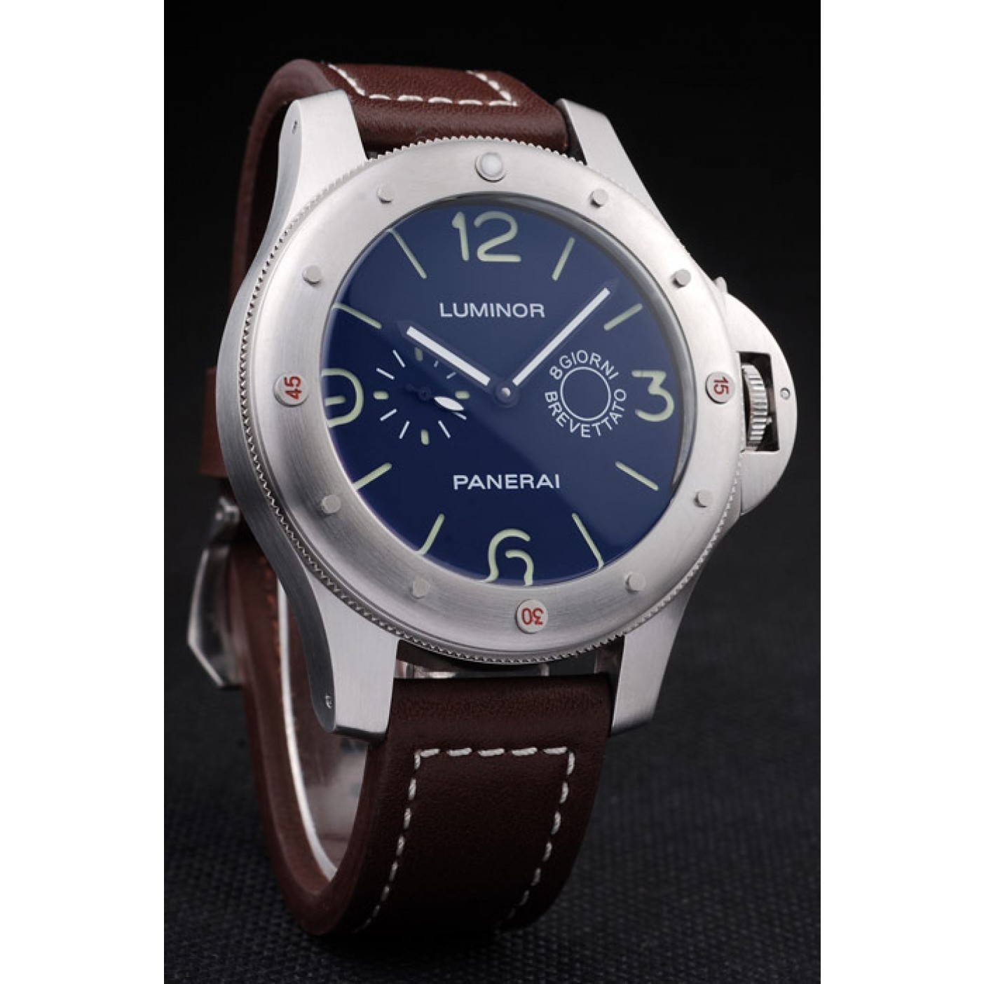 MiroTime Panerai Luminor Brushed Stainless Steel Case Black Dial Dark Brown Leather Strap